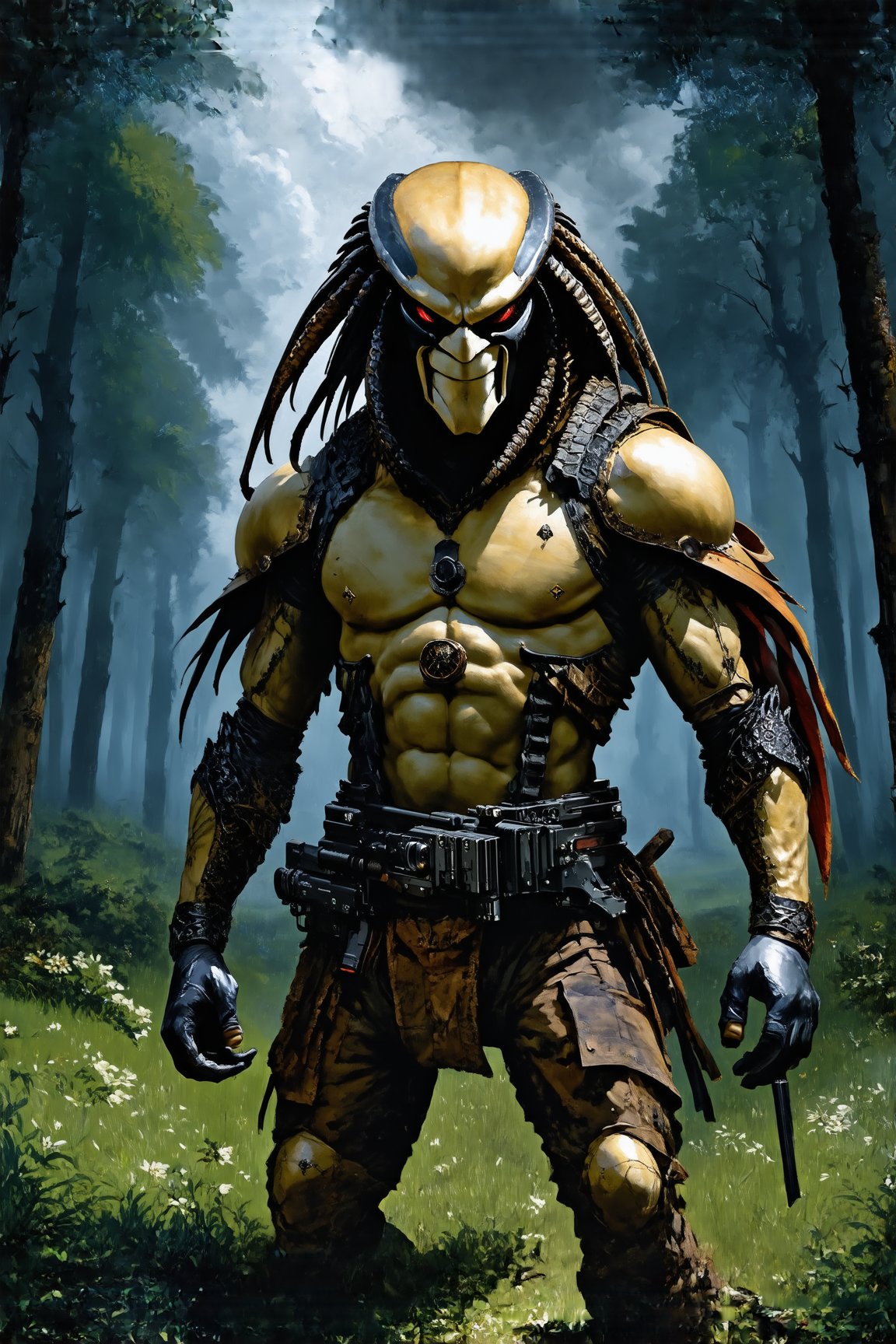 Predator is standing in a dark forest,holding lazer weapon,dark theme
BREAK
backdrop:forest,very dark,sky,cloud,cluttered maximalism,predator focus
BREAK 
settings:(rule of thirds:1.3),perfect composition,depth of perspective,studio photo,trending on artstation,(Masterpiece,Best quality,32k,UHD:1.4),(sharp focus,high contrast,HDR,hyper-detailed,intricate details,ultra-realistic,kodachrome 800:1.3),(chiaroscuro lighting),by Karol Bak$,Gustav Klimt$ and Hayao Miyazaki$,ek_art_b00ster