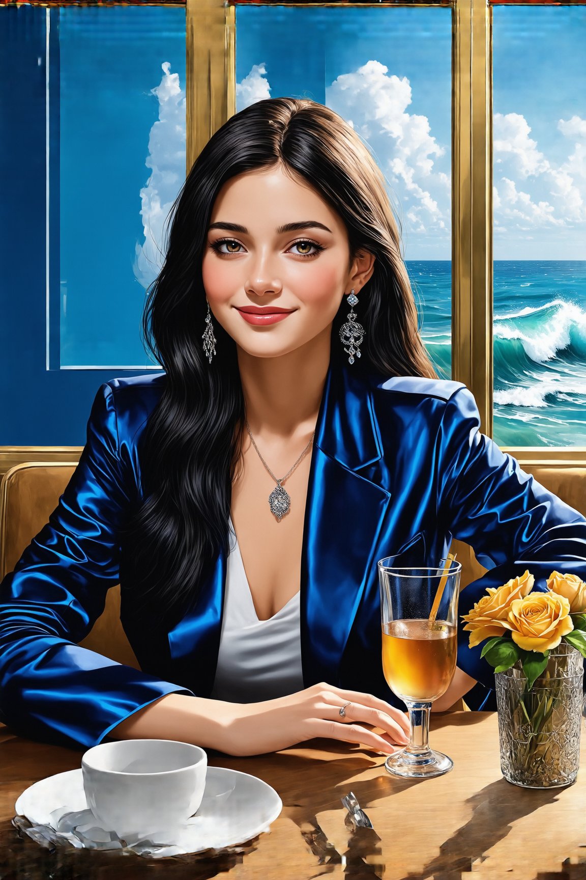 Hyper-Realistic photo of a girl sitting in a cafe,(20yo), 1girl,American girl,elegant jacket and shirt,detailed exquisite face,soft shiny skin,model body,smile, mesmerizing,long black hair,small earrings,necklaces,(Cobalt Blue and Yellow colors)
BREAK
backdrop:ocean view cafe,table,cocktail,bottle,window, flower,ocean,sky,cluttered maximalism,girl focus
BREAK 
settings:(rule of thirds:1.3),perfect composition,depth of perspective,studio photo,trending on artstation,(Masterpiece,Best quality,32k,UHD:1.4),(sharp focus,high contrast,HDR,hyper-detailed,intricate details,ultra-realistic,kodachrome 800:1.3),(chiaroscuro lighting),by Karol Bak$,Gustav Klimt$ and Hayao Miyazaki$,ek_art_b00ster