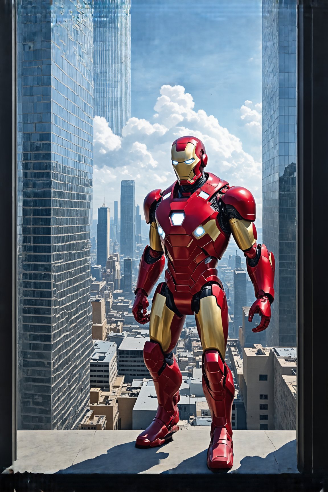 Ironman is standing in the building top, looking down the city
BREAK
backdrop:futuristic city skyscrapers,sky,cloud,cluttered maximalism,ironman focus
BREAK 
settings:(rule of thirds:1.3),perfect composition,depth of perspective,studio photo,trending on artstation,(Masterpiece,Best quality,32k,UHD:1.4),(sharp focus,high contrast,HDR,hyper-detailed,intricate details,ultra-realistic,kodachrome 800:1.3),(chiaroscuro lighting),by Karol Bak$,Gustav Klimt$ and Hayao Miyazaki$,ek_art_b00ster