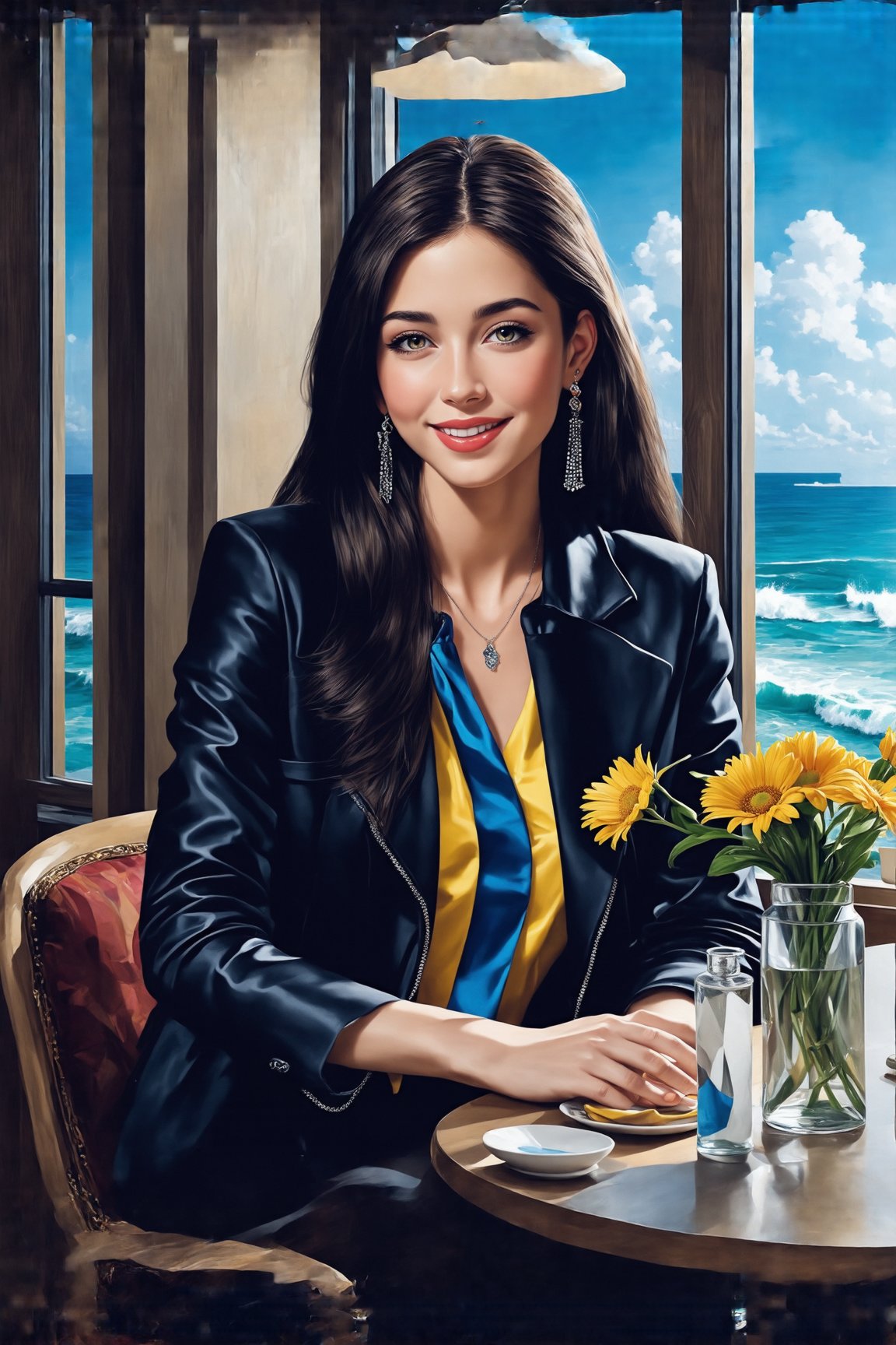 Hyper-Realistic photo of a girl sitting in a cafe,(20yo), 1girl,American girl,elegant jacket and shirt,detailed exquisite face,soft shiny skin,model body,smile, mesmerizing,long black hair,small earrings,necklaces,(Cobalt Blue and Yellow colors)
BREAK
backdrop:ocean view cafe,table,cocktail,bottle,window, flower,ocean,sky,cluttered maximalism,girl focus
BREAK 
settings:(rule of thirds:1.3),perfect composition,depth of perspective,studio photo,trending on artstation,(Masterpiece,Best quality,32k,UHD:1.4),(sharp focus,high contrast,HDR,hyper-detailed,intricate details,ultra-realistic,kodachrome 800:1.3),(chiaroscuro lighting),by Karol Bak$,Gustav Klimt$ and Hayao Miyazaki$,ek_art_b00ster