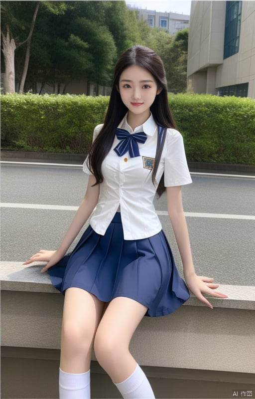 1girl,xuejie,Senior sister, wearing Japanese high school uniform, campus, the most beautiful, sitting on campus, carrying skirt, rich lady, beautiful hair,