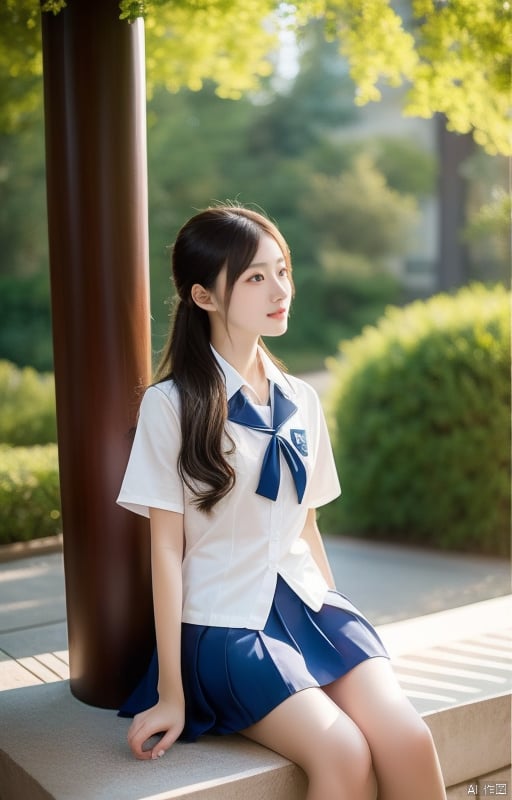 1girl,xuejie,Senior sister, wearing Japanese high school uniform, campus, the most beautiful, sitting on campus, carrying skirt, rich lady, beautiful hair,