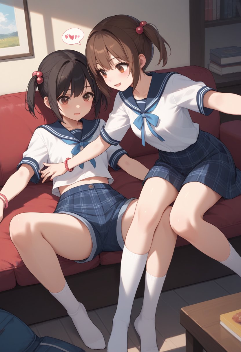 score_9, score_8_up, score_7_up, source_anime, rating_safe, blush, short hair, multiple girls, skirt, brown hair, black hair, hair ornament, thighhighs, 2girls, twintails, brown eyes, heart, shorts, socks, striped, yuri, side ponytail, bracelet, english text, plaid, siblings, no shoes, outstretched arms, hair bobbles, short twintails, sisters, meme
