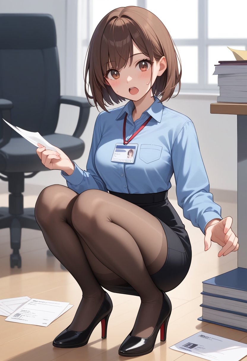 score_9, score_8_up, score_7_up, source_anime, rating_safe, 1girl, solo, looking at viewer, blush, short hair, open mouth, bangs, skirt, brown hair, shirt, long sleeves, white background, holding, brown eyes, full body, pantyhose, black skirt, black footwear, sweatdrop, high heels, squatting, blue shirt, surprised, pencil skirt, high-waist skirt, paper, office lady, id card, see-through legwear
