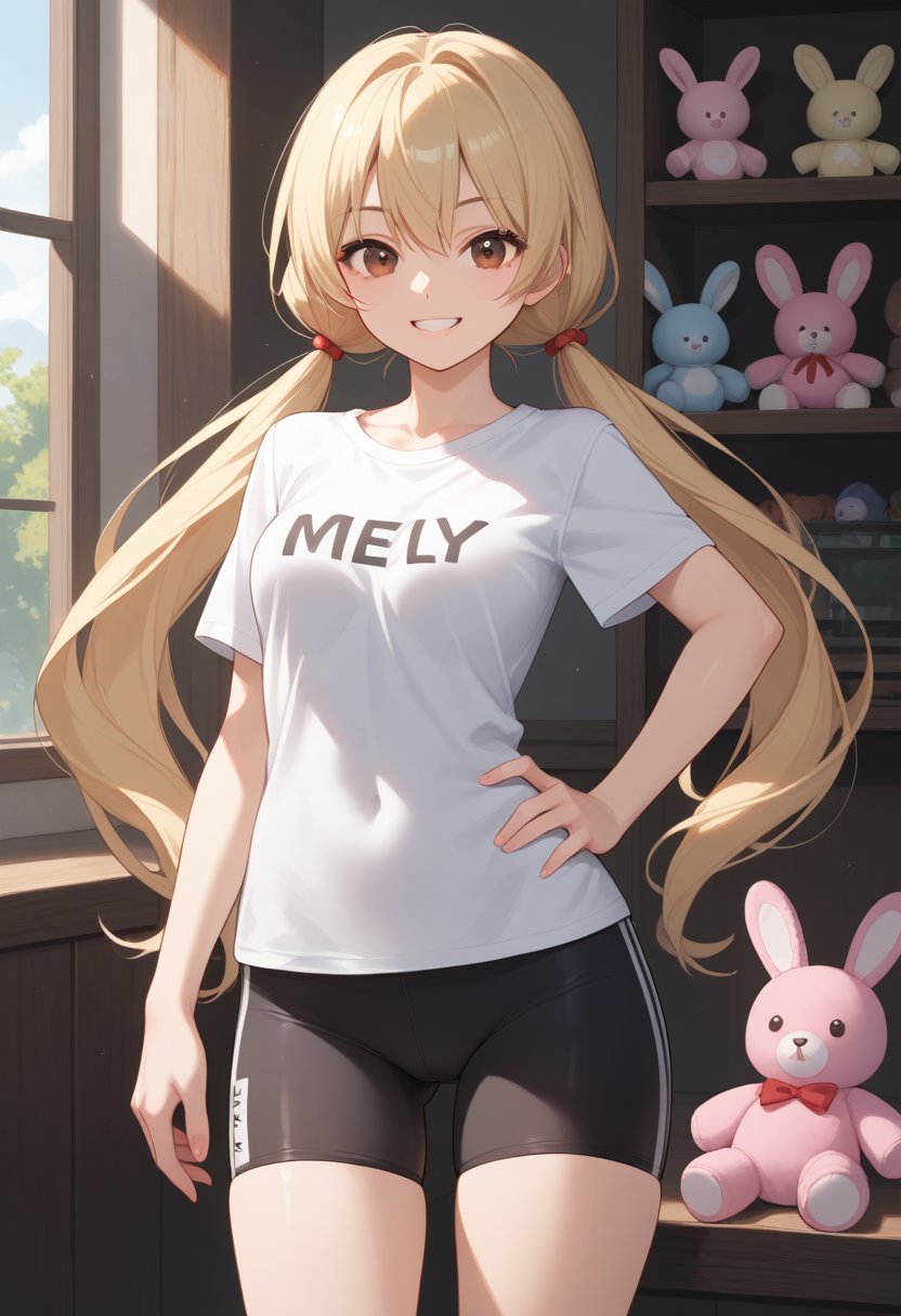 score_9, score_8_up, score_7_up, source_anime, rating_safe, 1girl, solo, long hair, looking at viewer, smile, blonde hair, shirt, twintails, brown eyes, very long hair, hand on hip, low twintails, stuffed toy, stuffed animal, bike shorts, t-shirt, clothes writing, stuffed bunny, futaba anzu
