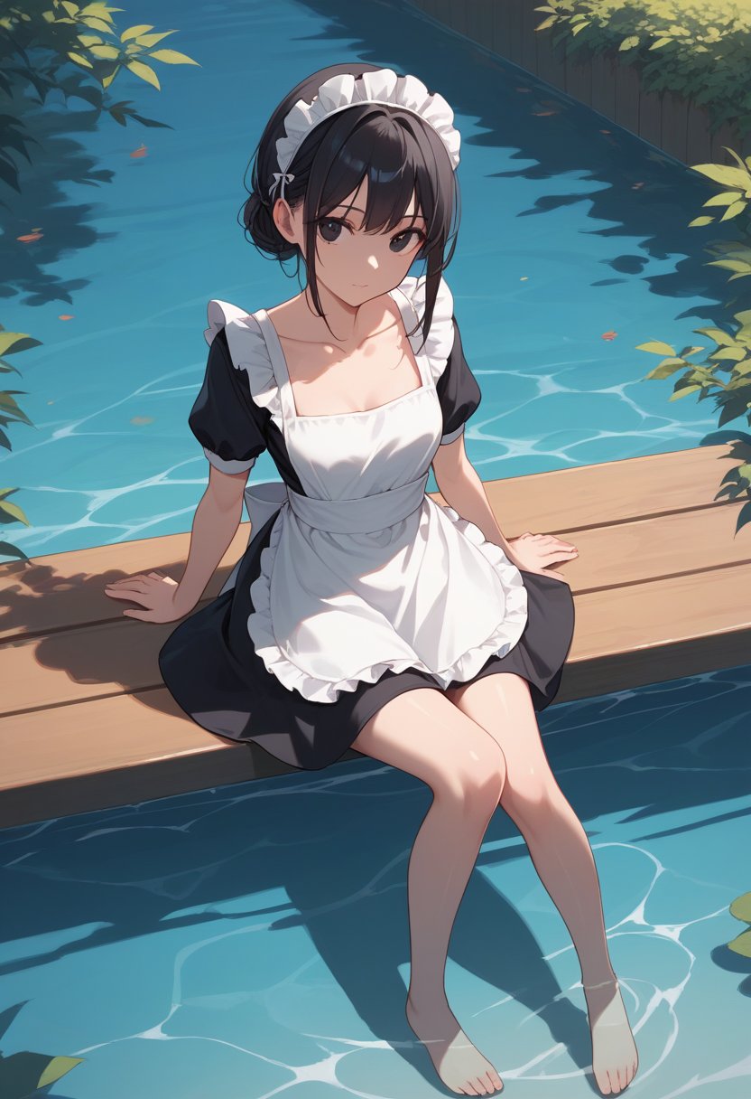 score_9, score_8_up, score_7_up, source_anime, rating_safe, 1girl, solo, looking at viewer, black hair, dress, sitting, collarbone, short sleeves, barefoot, water, black eyes, apron, maid, maid headdress, from above, maid apron, soaking feet
