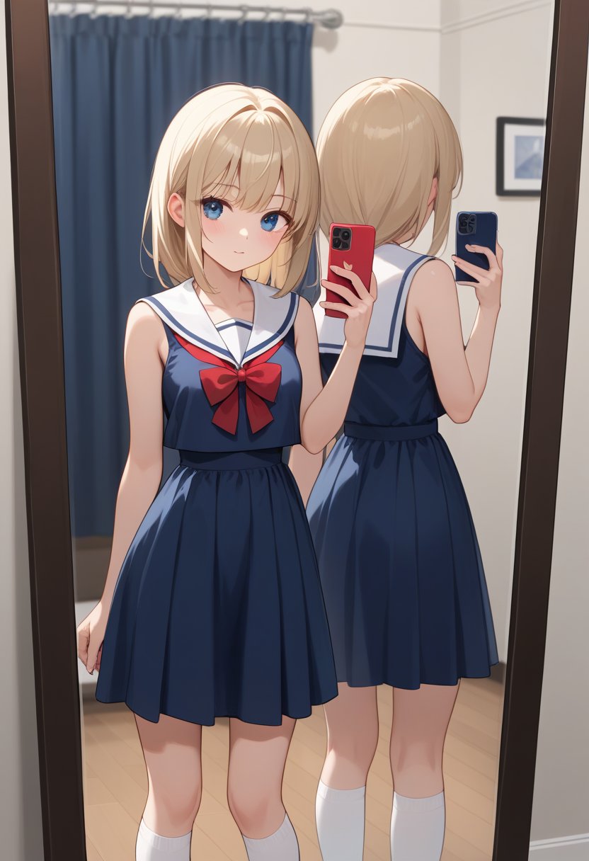 score_9, score_8_up, score_7_up, source_anime, rating_safe, 1girl, solo, white sailor collar, mirror, looking at mirror, blush, bangs, blue eyes, dress, ribbon, holding, standing, sleeveless, socks, indoors, sailor collar, red ribbon, sleeveless dress, blue dress, phone, cellphone, white socks, smartphone, reflection, sailor dress, holding phone,
