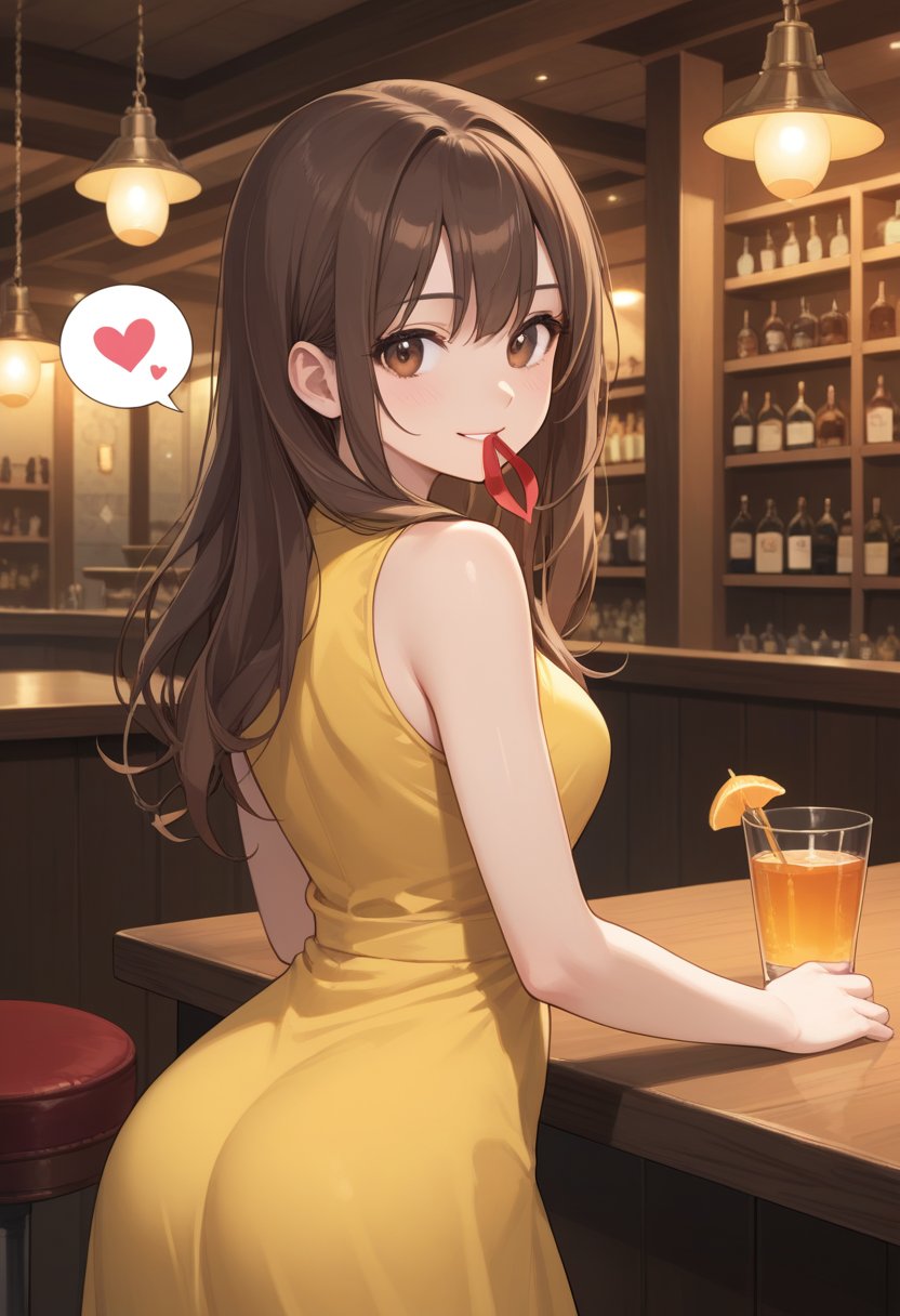 score_9, score_8_up, score_7_up, source_anime, rating_safe, 1girl, solo, long hair, looking at viewer, smile, in a bar, brown hair, detailed background, dress, brown eyes, jewelry, heart, sleeveless, looking back, speech bubble, sleeveless dress, mouth hold, table, spoken heart, yellow dress
