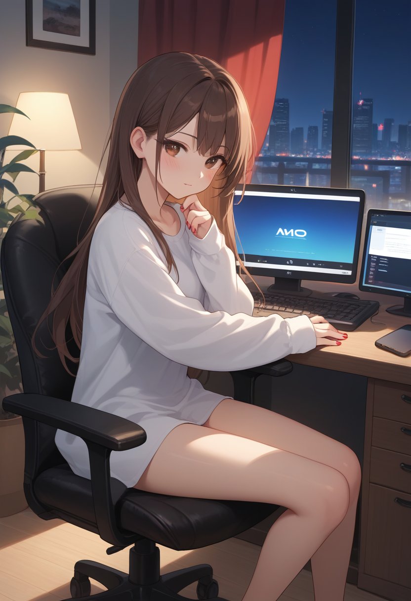 score_9, score_8_up, score_7_up, source_anime, rating_safe, 1girl, solo, long hair, blush, brown hair, shirt, long sleeves, brown eyes, sitting, barefoot, indoors, nail polish, sleeves past wrists, window, night, chair, phone, cellphone, curtains, desk, toenails, city, toenail polish, cityscape, computer, oversized clothes, monitor, keyboard \(computer\), office chair,