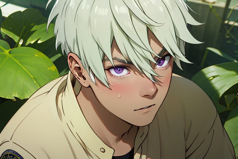 1boy, solo, hair between eyes, upper body, white hair, male focus, sweatdrop, parody,Officer_006,silver hair,violet eyes,short hair 