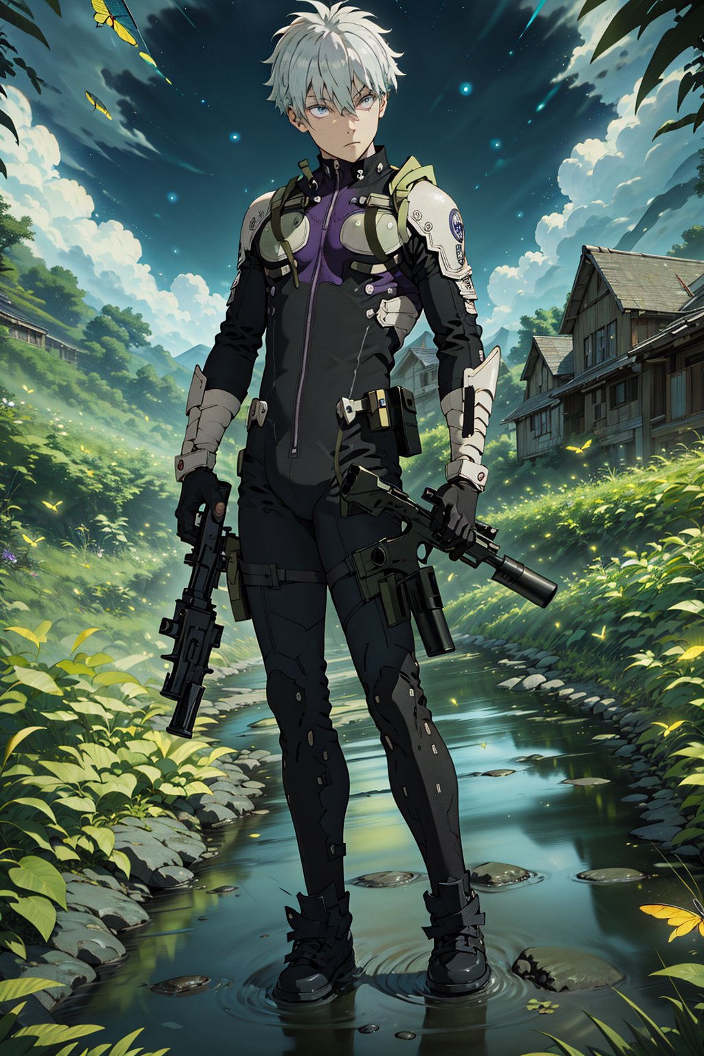 Masterpiece, best quality, solo,  full body, white gloves, 1boy, , holding, weapon, male focus, dark skin, holding weapon, armor, gun, grey eyes, black bodysuit, holding gun, rifle, pilot suit,Officer_006,silver hair,violet eyes,short hair,firefliesfireflies,night sky