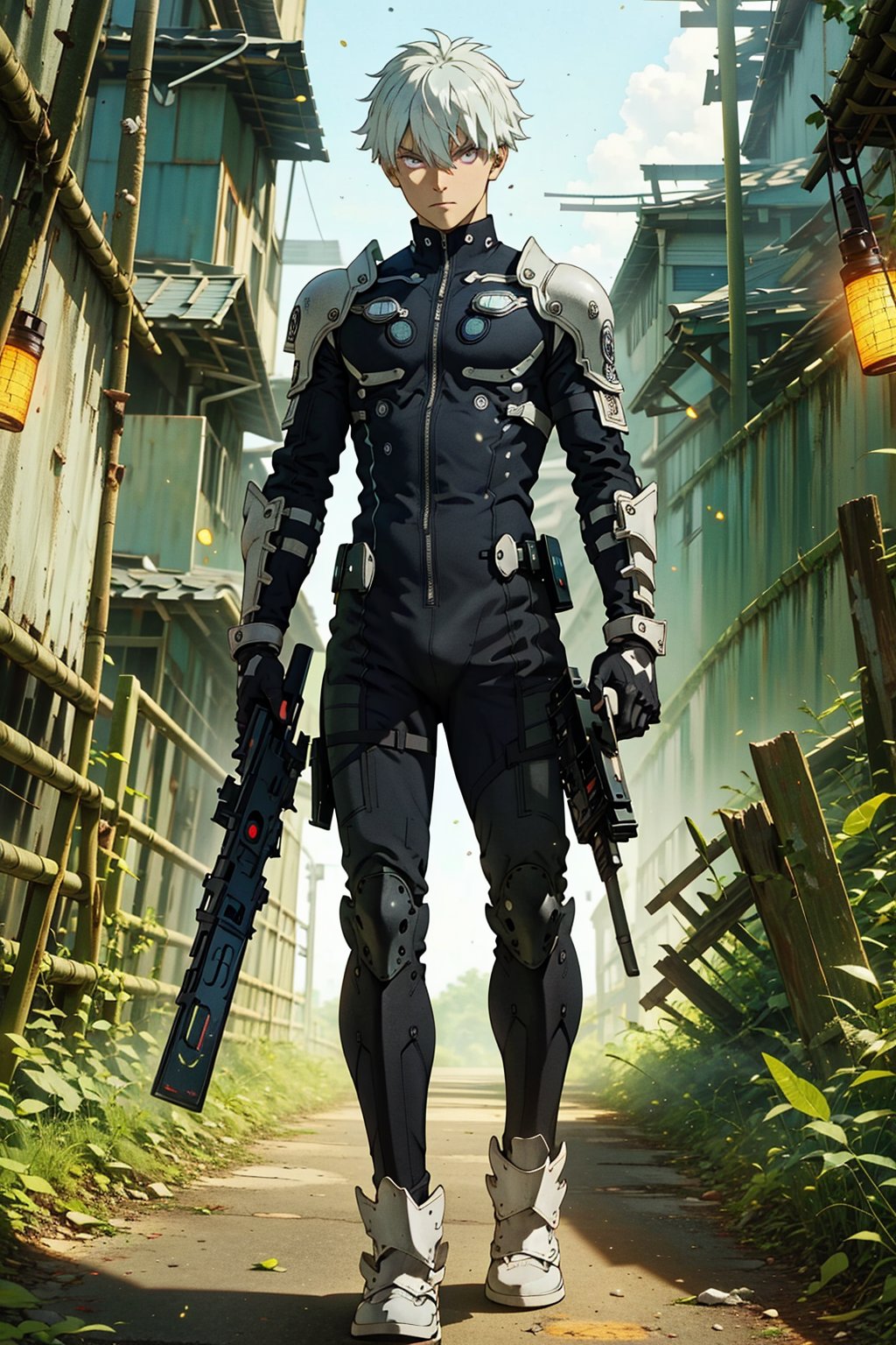 Masterpiece, best quality, solo,  full body, white gloves, 1boy, , holding, weapon, male focus, dark skin, holding weapon, armor, gun, black bodysuit, holding gun, rifle, pilot suit,Officer_006,silver hair,violet eyes,short hair,firefliesfireflies,night sky