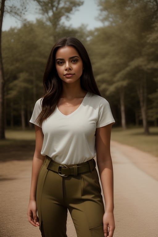 A 25-year-old woman with long, straight dark brown hair reaching her waist stands confidently in a bright, sunny outdoor setting, likely a military base or training area. Her light skin and almond-shaped brown eyes with clear irises are accented by subtle makeup. She wears a white fitted t-shirt, olive green military pants, and a tactical harness. The framing of the shot captures her calm and confident expression as she stands strong against a backdrop of lush greenery and blue skies.,(((photorealism:1.4))),young female,(((perfect eyes:1.4)))