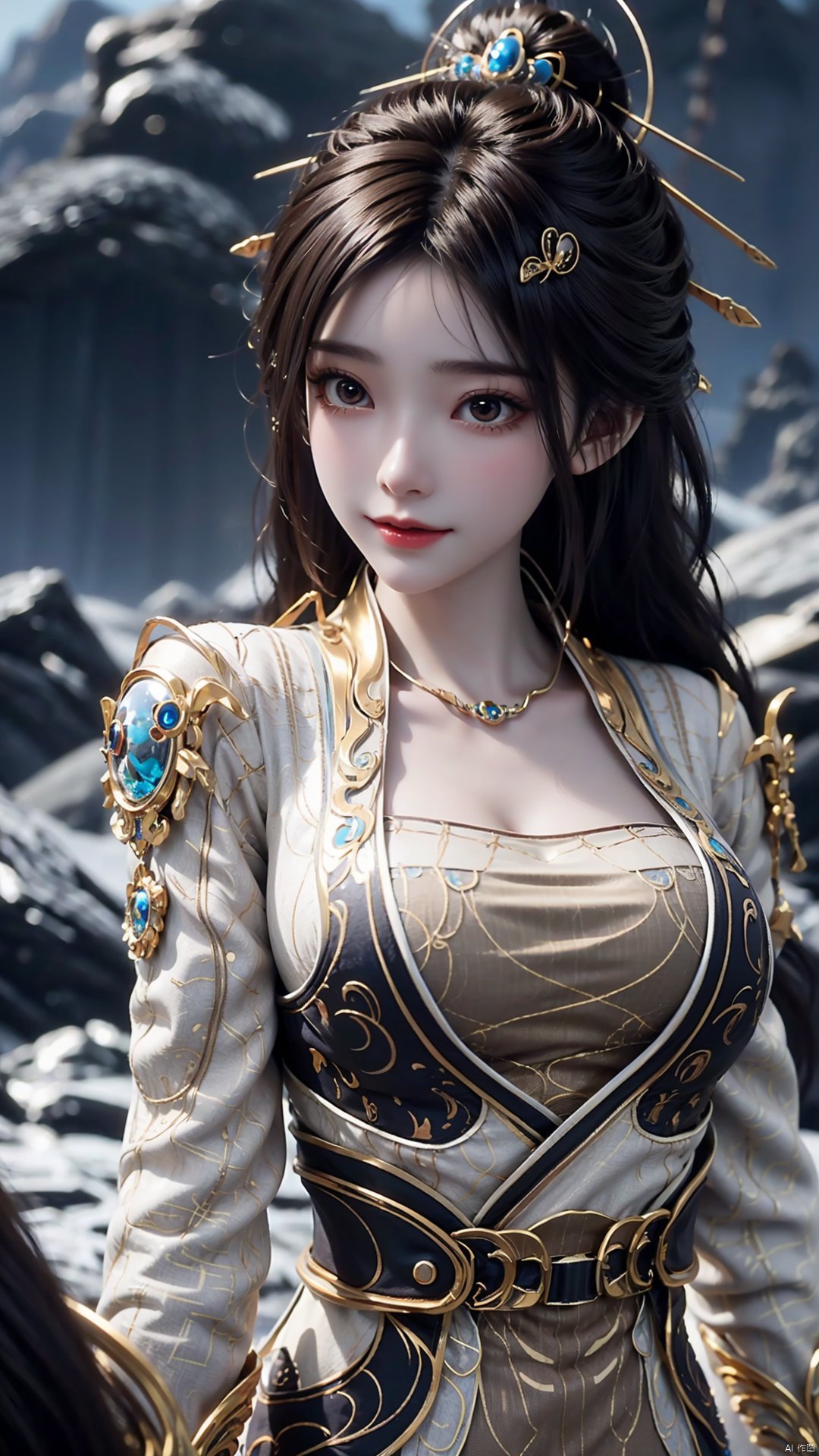 1girl, solo, hair ornament, chinese clothes, jewelry, black hair, dress, long hair, looking at viewer, mischevious smile, perfect body, scenery, sharp focus, best quality, masterpiece, detailed outfit, illustration, perfect eyes, finely detailed beautiful anime eyes, realistic skin, intricate details, best lighting, depth of field, ultra high resolution,cowboy_shot, dynamic pose, dynamic angle,