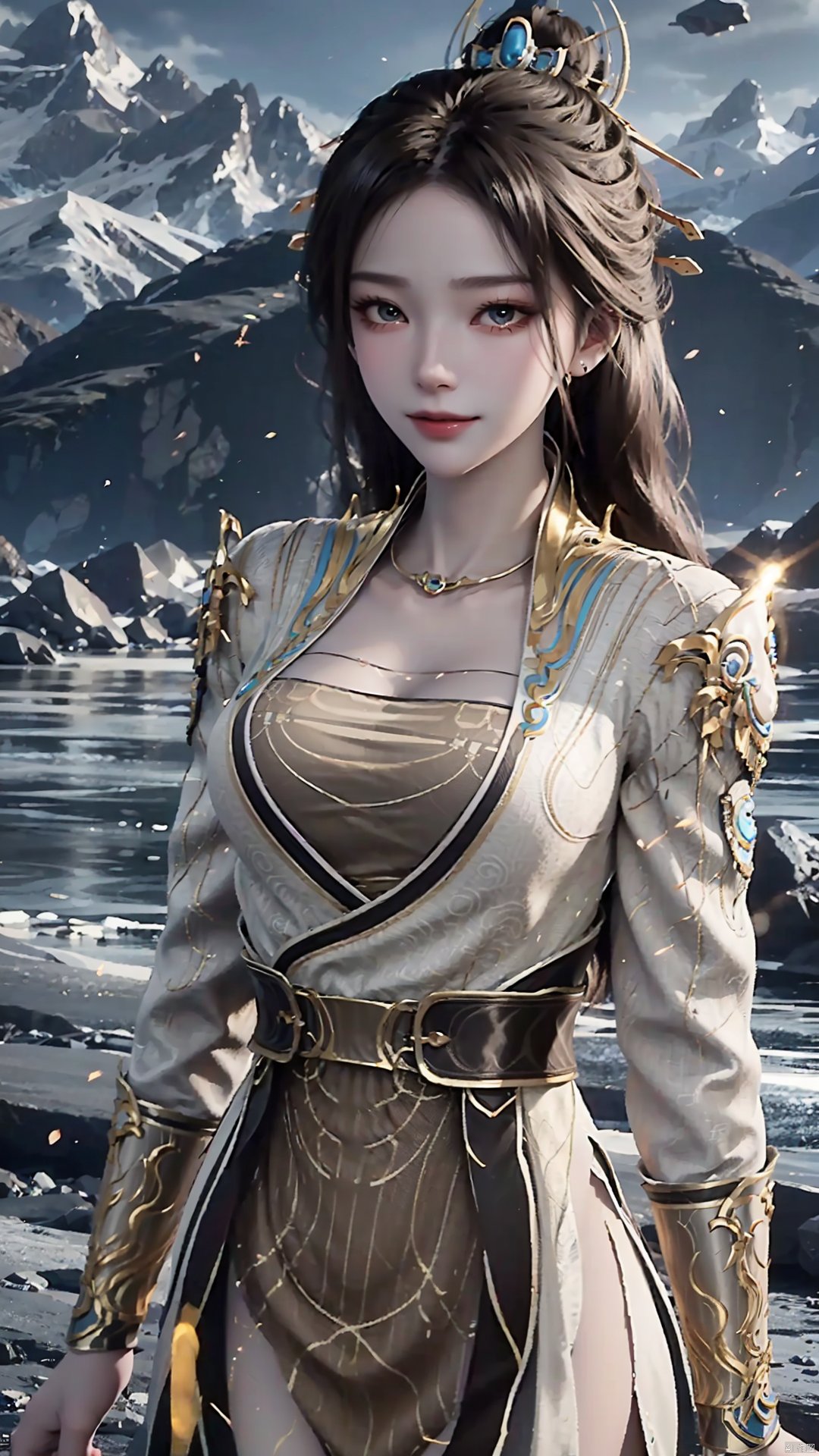 1girl, solo, hair ornament, chinese clothes, jewelry, black hair, dress, long hair, looking at viewer, mischevious smile, perfect body, scenery, sharp focus, best quality, masterpiece, detailed outfit, illustration, perfect eyes, finely detailed beautiful anime eyes, realistic skin, intricate details, best lighting, depth of field, ultra high resolution,cowboy_shot, dynamic pose, dynamic angle,