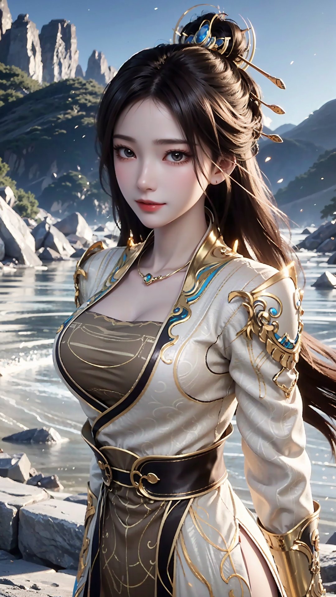 1girl, solo, hair ornament, chinese clothes, jewelry, black hair, dress, long hair, looking at viewer, mischevious smile, perfect body, scenery, sharp focus, best quality, masterpiece, detailed outfit, illustration, perfect eyes, finely detailed beautiful anime eyes, realistic skin, intricate details, best lighting, depth of field, ultra high resolution,cowboy_shot, dynamic pose, dynamic angle,