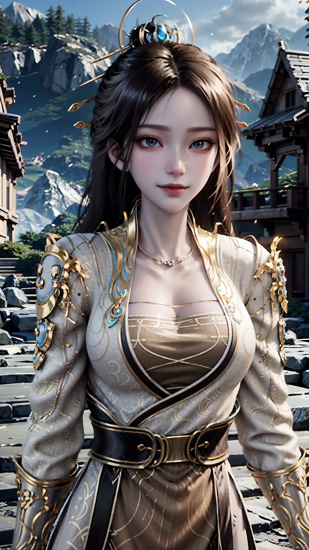 1girl, solo, hair ornament, chinese clothes, jewelry, black hair, dress, long hair, looking at viewer, mischevious smile, perfect body, scenery, sharp focus, best quality, masterpiece, detailed outfit, illustration, perfect eyes, finely detailed beautiful anime eyes, realistic skin, intricate details, best lighting, depth of field, ultra high resolution,cowboy_shot, dynamic pose, dynamic angle,