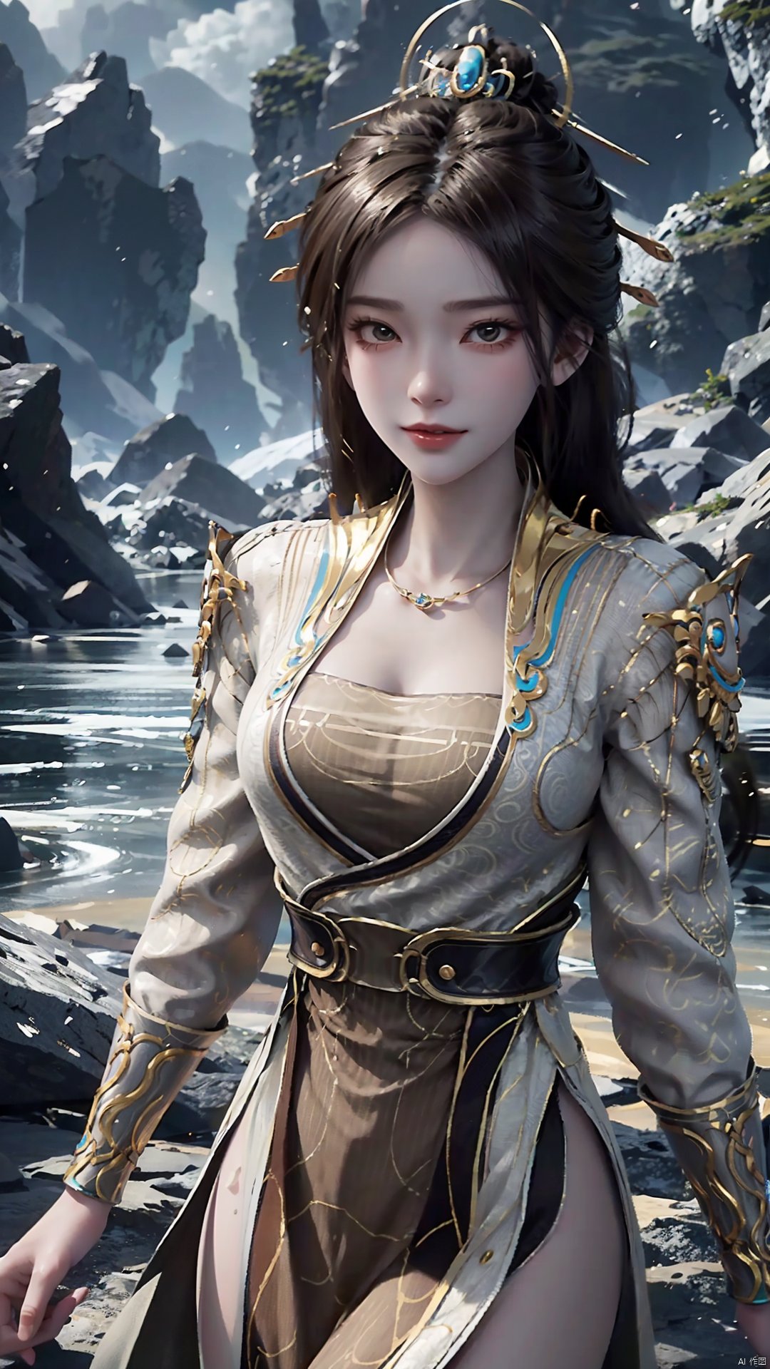 1girl, solo, hair ornament, chinese clothes, jewelry, black hair, dress, long hair, looking at viewer, mischevious smile, perfect body, scenery, sharp focus, best quality, masterpiece, detailed outfit, illustration, perfect eyes, finely detailed beautiful anime eyes, realistic skin, intricate details, best lighting, depth of field, ultra high resolution,cowboy_shot, dynamic pose, dynamic angle,