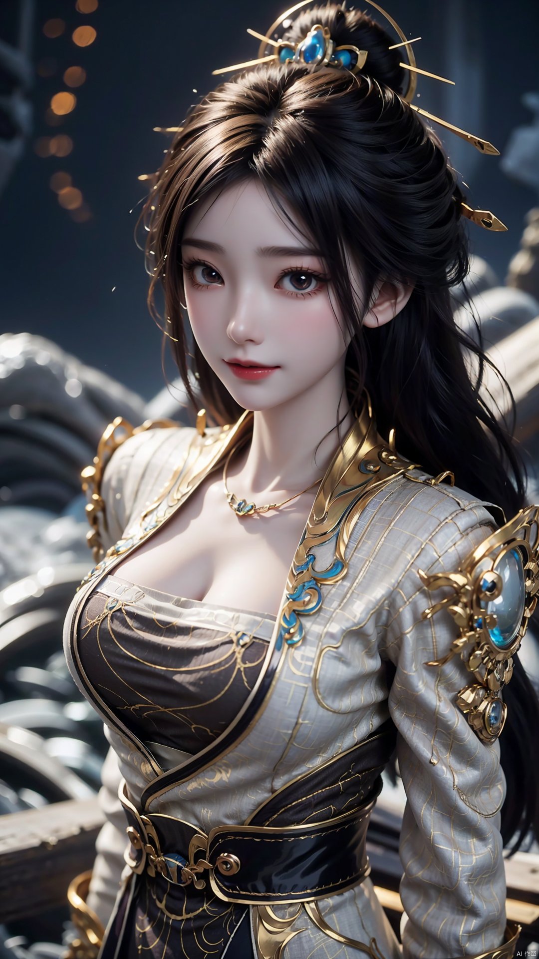 1girl, solo, hair ornament, chinese clothes, jewelry, black hair, dress, long hair, looking at viewer, mischevious smile, perfect body, scenery, sharp focus, best quality, masterpiece, detailed outfit, illustration, perfect eyes, finely detailed beautiful anime eyes, realistic skin, intricate details, best lighting, depth of field, ultra high resolution,cowboy_shot, dynamic pose, dynamic angle,