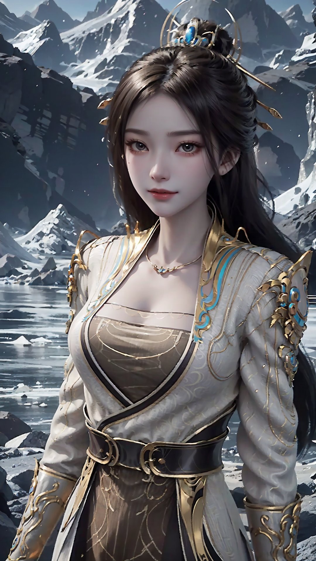 1girl, solo, hair ornament, chinese clothes, jewelry, black hair, dress, long hair, looking at viewer, mischevious smile, perfect body, scenery, sharp focus, best quality, masterpiece, detailed outfit, illustration, perfect eyes, finely detailed beautiful anime eyes, realistic skin, intricate details, best lighting, depth of field, ultra high resolution,cowboy_shot, dynamic pose, dynamic angle,