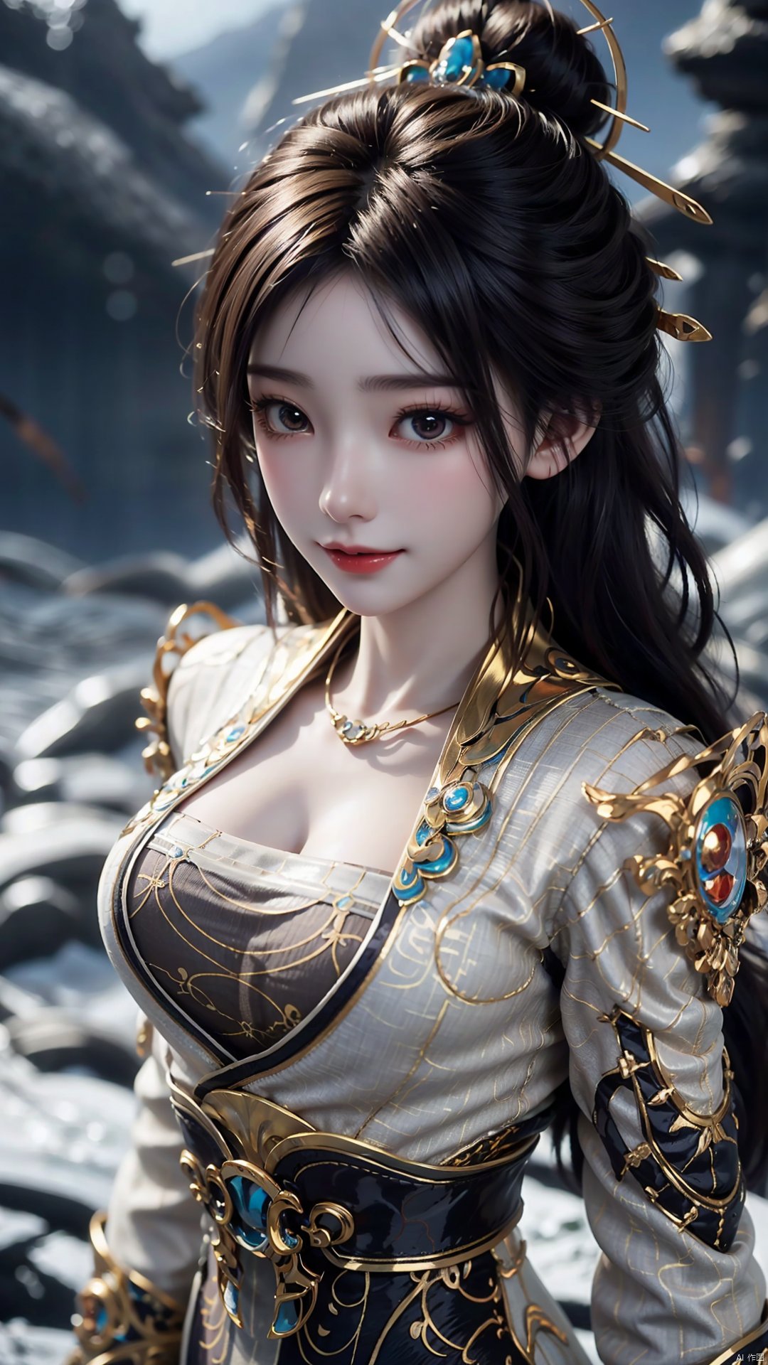 1girl, solo, hair ornament, chinese clothes, jewelry, black hair, dress, long hair, looking at viewer, mischevious smile, perfect body, scenery, sharp focus, best quality, masterpiece, detailed outfit, illustration, perfect eyes, finely detailed beautiful anime eyes, realistic skin, intricate details, best lighting, depth of field, ultra high resolution,cowboy_shot, dynamic pose, dynamic angle,