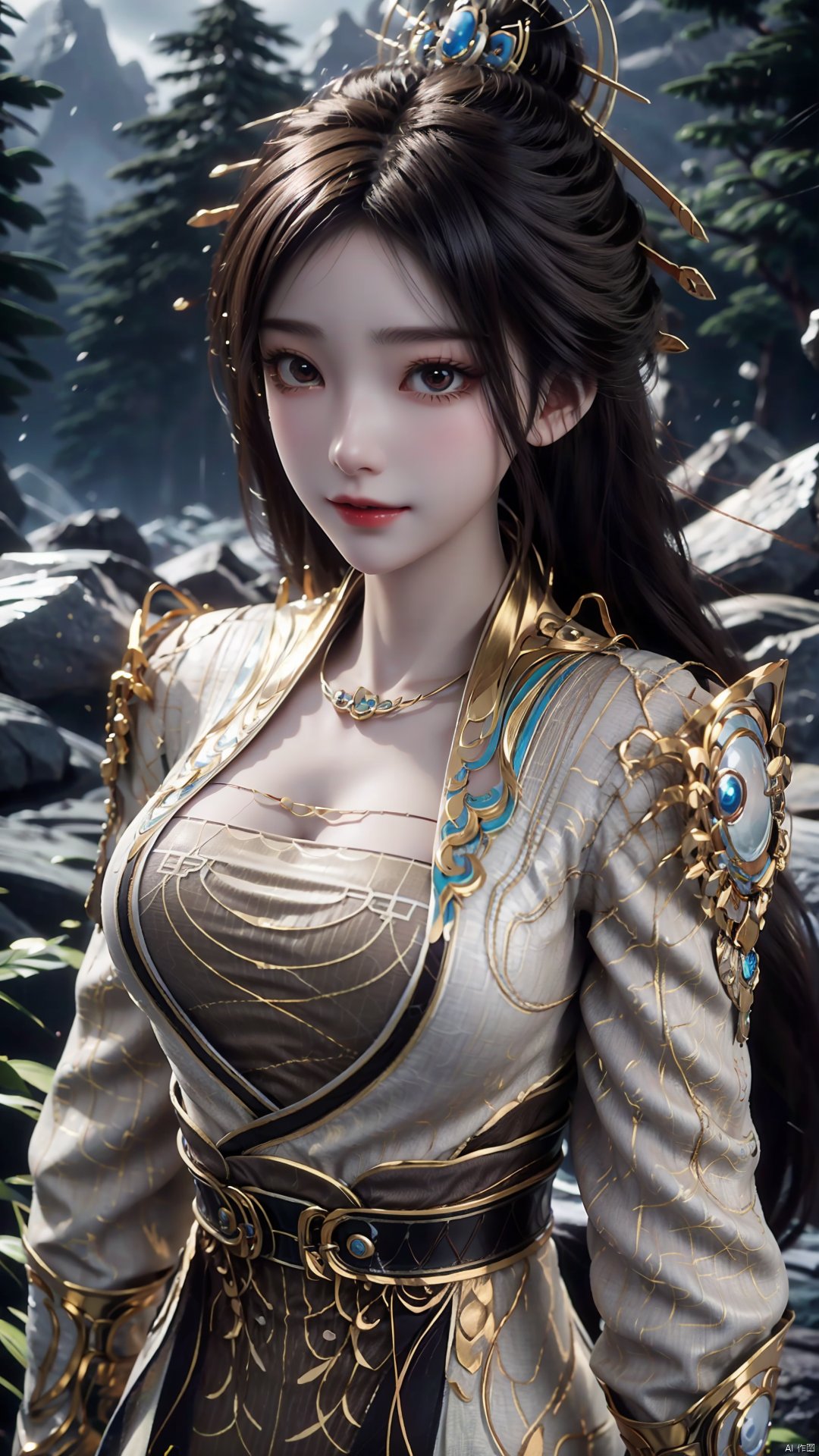 1girl, solo, hair ornament, chinese clothes, jewelry, black hair, dress, long hair, looking at viewer, mischevious smile, perfect body, scenery, sharp focus, best quality, masterpiece, detailed outfit, illustration, perfect eyes, finely detailed beautiful anime eyes, realistic skin, intricate details, best lighting, depth of field, ultra high resolution,cowboy_shot, dynamic pose, dynamic angle,