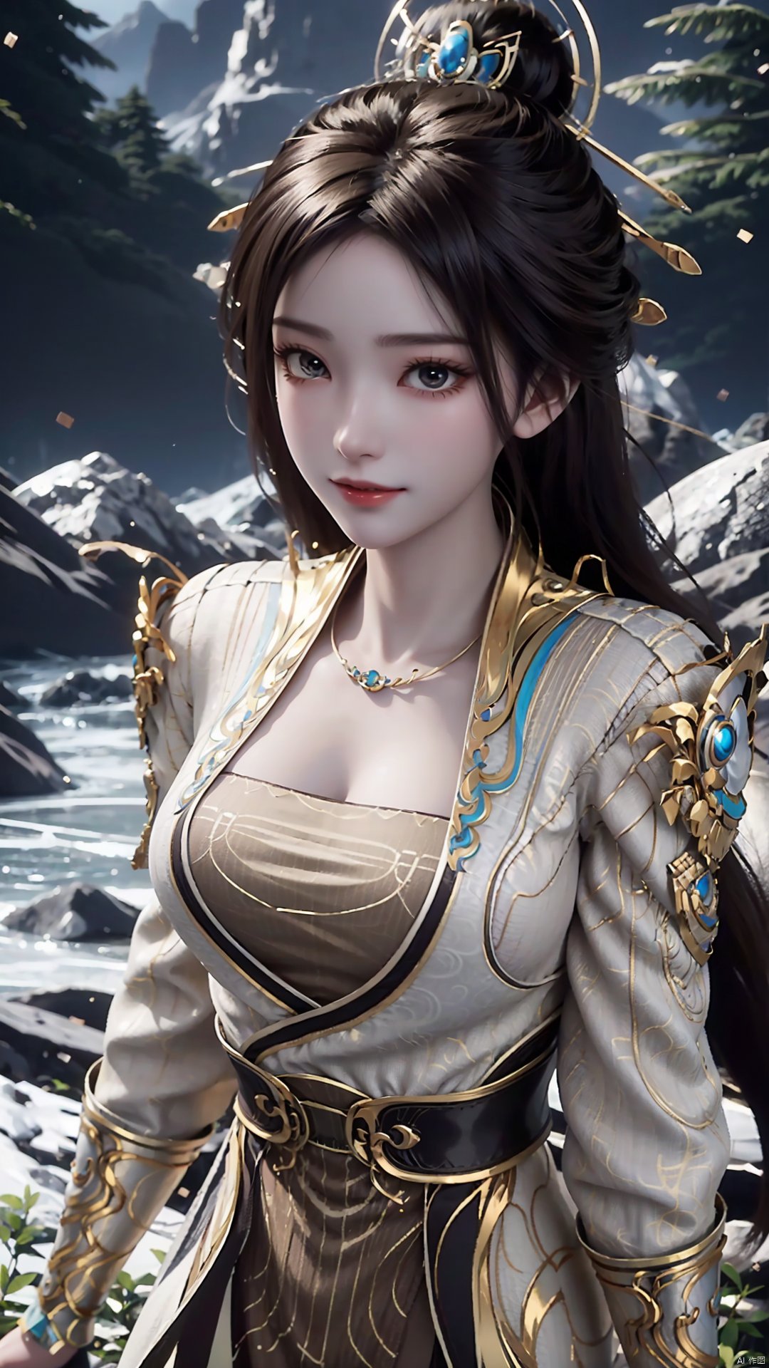 1girl, solo, hair ornament, chinese clothes, jewelry, black hair, dress, long hair, looking at viewer, mischevious smile, perfect body, scenery, sharp focus, best quality, masterpiece, detailed outfit, illustration, perfect eyes, finely detailed beautiful anime eyes, realistic skin, intricate details, best lighting, depth of field, ultra high resolution,cowboy_shot, dynamic pose, dynamic angle,