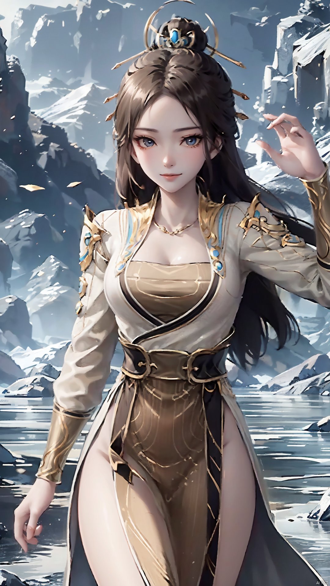 1girl, solo, hair ornament, chinese clothes, jewelry, black hair, dress, long hair, looking at viewer, mischevious smile, perfect body, scenery, sharp focus, best quality, masterpiece, detailed outfit, illustration, perfect eyes, finely detailed beautiful anime eyes, realistic skin, intricate details, best lighting, depth of field, ultra high resolution,cowboy_shot, dynamic pose, dynamic angle,