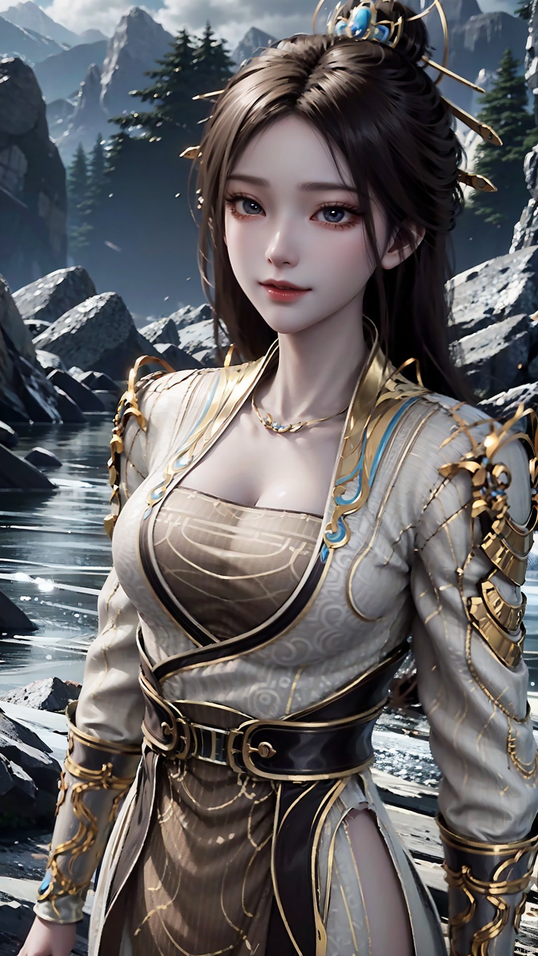 1girl, solo, hair ornament, chinese clothes, jewelry, black hair, dress, long hair, looking at viewer, mischevious smile, perfect body, scenery, sharp focus, best quality, masterpiece, detailed outfit, illustration, perfect eyes, finely detailed beautiful anime eyes, realistic skin, intricate details, best lighting, depth of field, ultra high resolution,cowboy_shot, dynamic pose, dynamic angle,