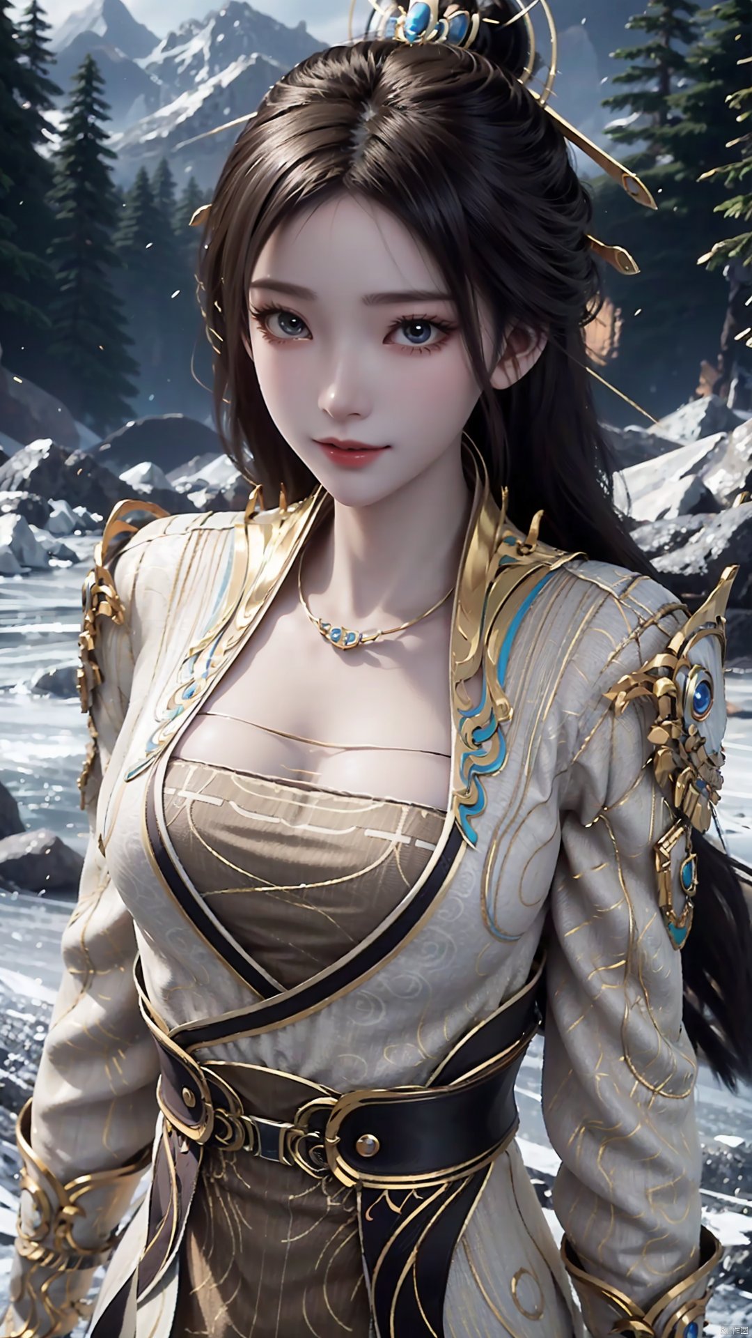 1girl, solo, hair ornament, chinese clothes, jewelry, black hair, dress, long hair, looking at viewer, mischevious smile, perfect body, scenery, sharp focus, best quality, masterpiece, detailed outfit, illustration, perfect eyes, finely detailed beautiful anime eyes, realistic skin, intricate details, best lighting, depth of field, ultra high resolution,cowboy_shot, dynamic pose, dynamic angle,