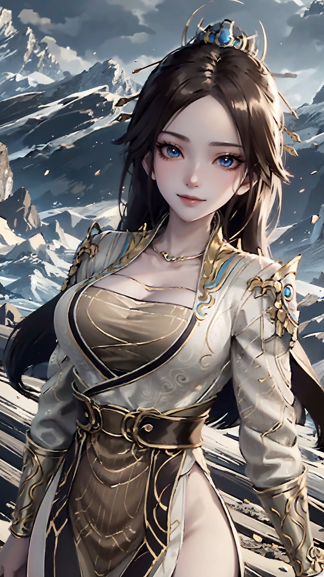 1girl, solo, hair ornament, chinese clothes, jewelry, black hair, dress, long hair, looking at viewer, mischevious smile, perfect body, scenery, sharp focus, best quality, masterpiece, detailed outfit, illustration, perfect eyes, finely detailed beautiful anime eyes, realistic skin, intricate details, best lighting, depth of field, ultra high resolution,cowboy_shot, dynamic pose, dynamic angle,