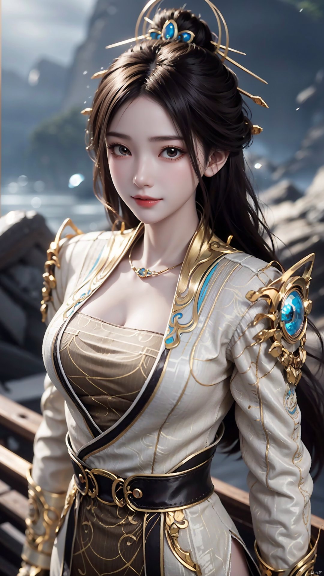 1girl, solo, hair ornament, chinese clothes, jewelry, black hair, dress, long hair, looking at viewer, mischevious smile, perfect body, scenery, sharp focus, best quality, masterpiece, detailed outfit, illustration, perfect eyes, finely detailed beautiful anime eyes, realistic skin, intricate details, best lighting, depth of field, ultra high resolution,cowboy_shot, dynamic pose, dynamic angle,