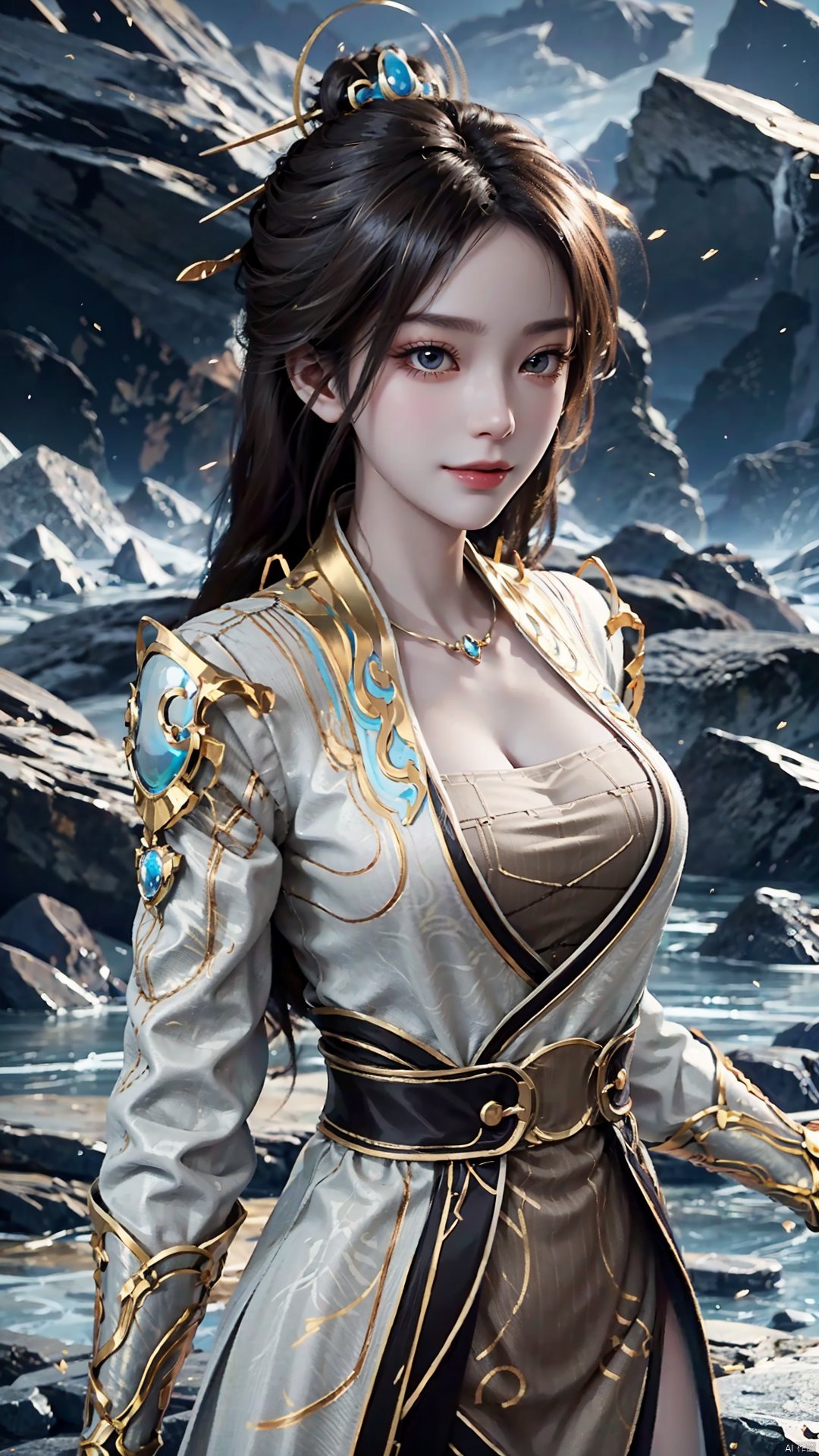 1girl, solo, hair ornament, chinese clothes, jewelry, black hair, dress, long hair, looking at viewer, mischevious smile, perfect body, scenery, sharp focus, best quality, masterpiece, detailed outfit, illustration, perfect eyes, finely detailed beautiful anime eyes, realistic skin, intricate details, best lighting, depth of field, ultra high resolution,cowboy_shot, dynamic pose, dynamic angle,