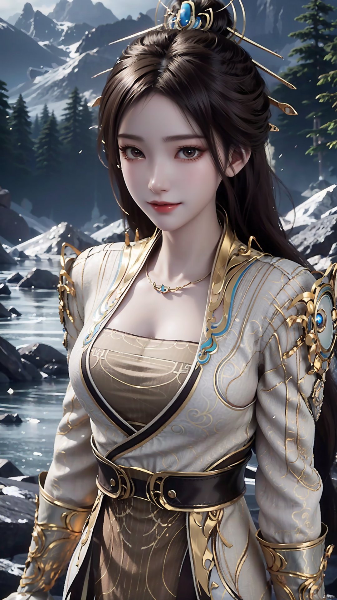 1girl, solo, hair ornament, chinese clothes, jewelry, black hair, dress, long hair, looking at viewer, mischevious smile, perfect body, scenery, sharp focus, best quality, masterpiece, detailed outfit, illustration, perfect eyes, finely detailed beautiful anime eyes, realistic skin, intricate details, best lighting, depth of field, ultra high resolution,cowboy_shot, dynamic pose, dynamic angle,