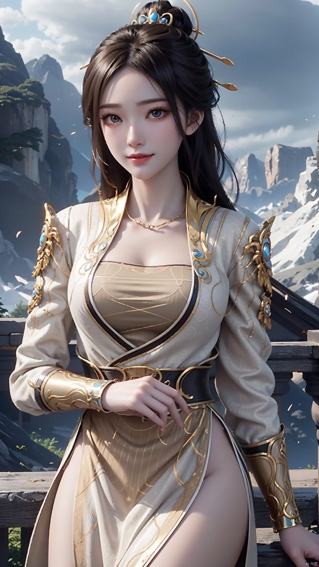 1girl, solo, hair ornament, chinese clothes, jewelry, black hair, dress, long hair, looking at viewer, mischevious smile, perfect body, scenery, sharp focus, best quality, masterpiece, detailed outfit, illustration, perfect eyes, finely detailed beautiful anime eyes, realistic skin, intricate details, best lighting, depth of field, ultra high resolution,cowboy_shot, dynamic pose, dynamic angle,