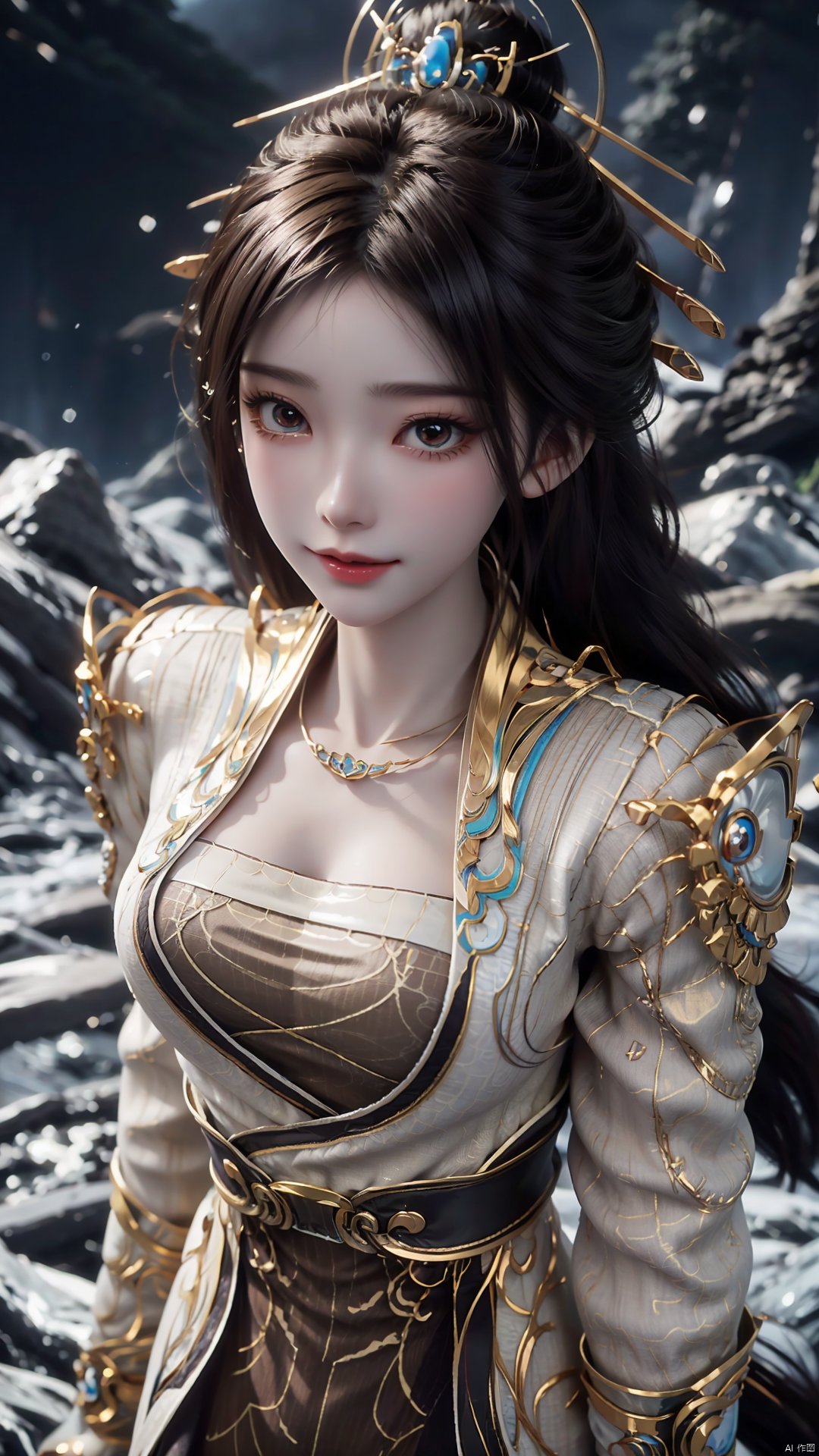 1girl, solo, hair ornament, chinese clothes, jewelry, black hair, dress, long hair, looking at viewer, mischevious smile, perfect body, scenery, sharp focus, best quality, masterpiece, detailed outfit, illustration, perfect eyes, finely detailed beautiful anime eyes, realistic skin, intricate details, best lighting, depth of field, ultra high resolution,cowboy_shot, dynamic pose, dynamic angle,