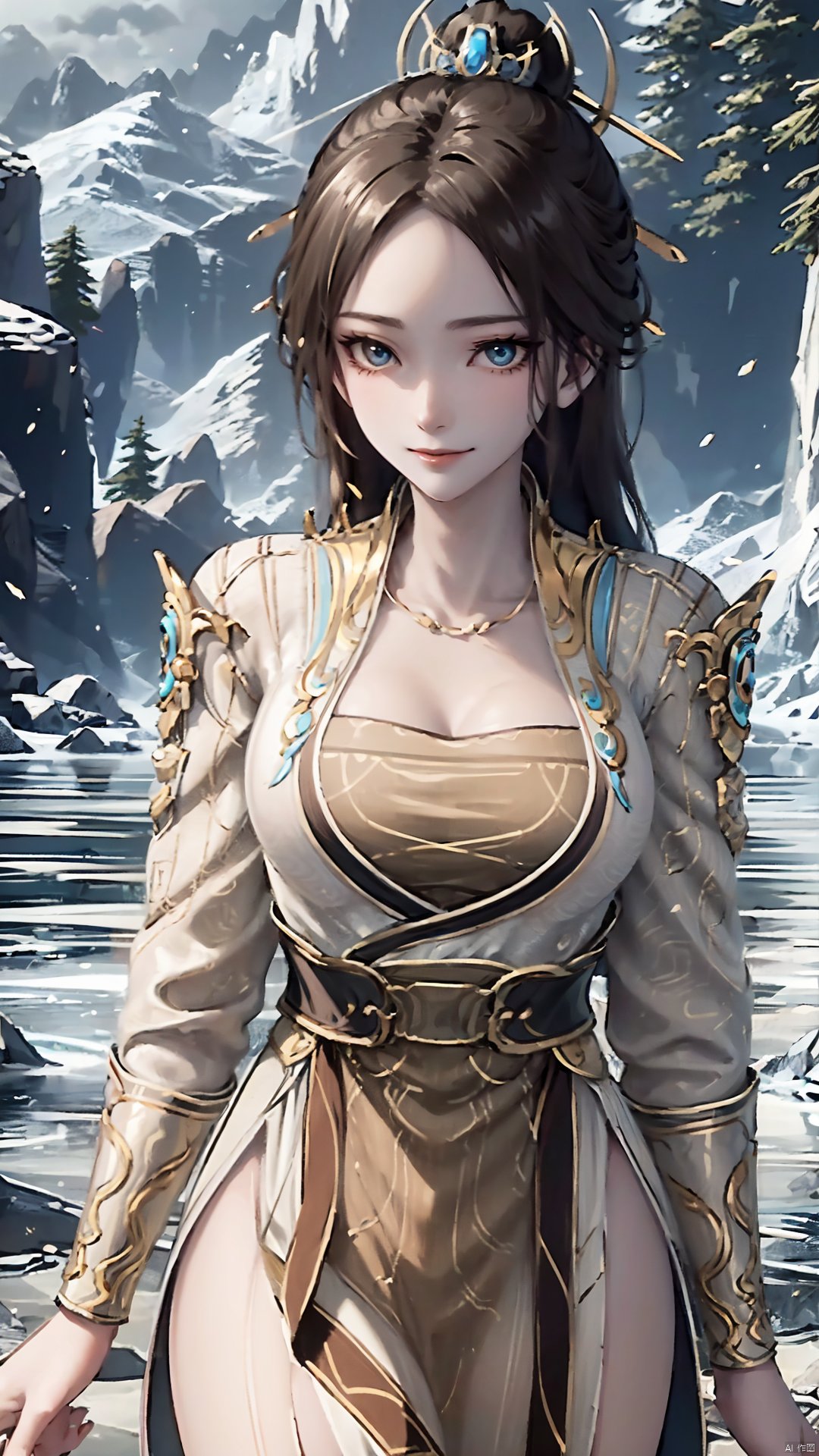 1girl, solo, hair ornament, chinese clothes, jewelry, black hair, dress, long hair, looking at viewer, mischevious smile, perfect body, scenery, sharp focus, best quality, masterpiece, detailed outfit, illustration, perfect eyes, finely detailed beautiful anime eyes, realistic skin, intricate details, best lighting, depth of field, ultra high resolution,cowboy_shot, dynamic pose, dynamic angle,