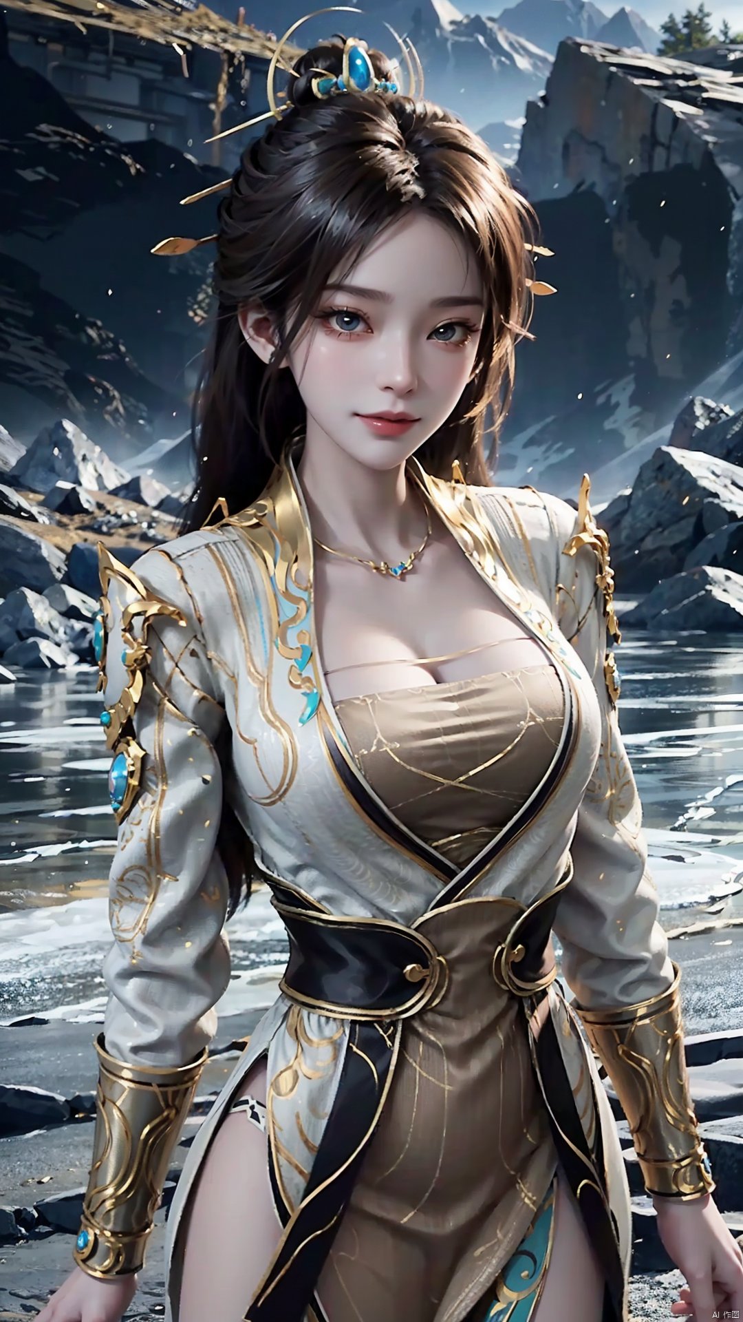 1girl, solo, hair ornament, chinese clothes, jewelry, black hair, dress, long hair, looking at viewer, mischevious smile, perfect body, scenery, sharp focus, best quality, masterpiece, detailed outfit, illustration, perfect eyes, finely detailed beautiful anime eyes, realistic skin, intricate details, best lighting, depth of field, ultra high resolution,cowboy_shot, dynamic pose, dynamic angle,