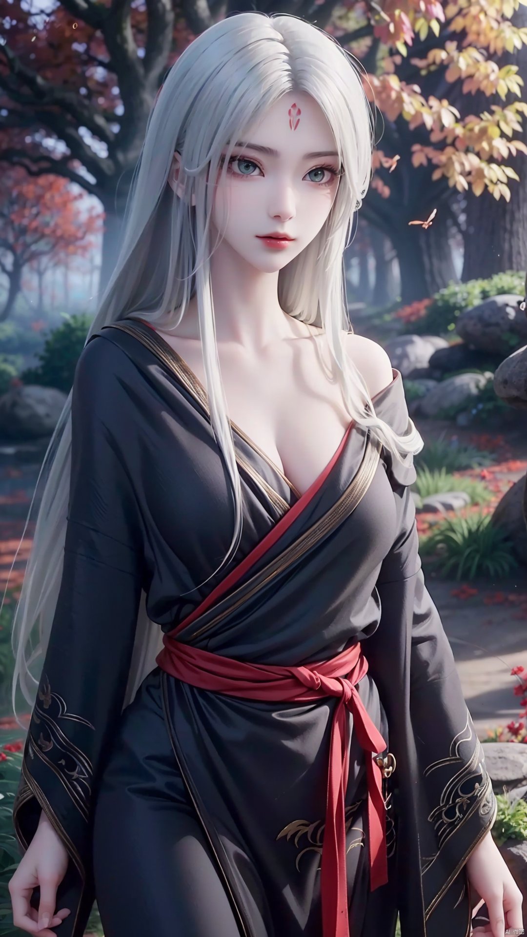 1girl, long hair, solo, facial mark, green eyes, looking at viewer, white hair, red lips, japanese clothes, kimono, off shoulder, forehead mark, mischevious smile, perfect body, scenery, sharp focus, best quality, masterpiece, detailed outfit, illustration, perfect eyes, finely detailed beautiful anime eyes, realistic skin, intricate details, best lighting, depth of field, ultra high resolution,cowboy_shot, dynamic pose, dynamic angle,