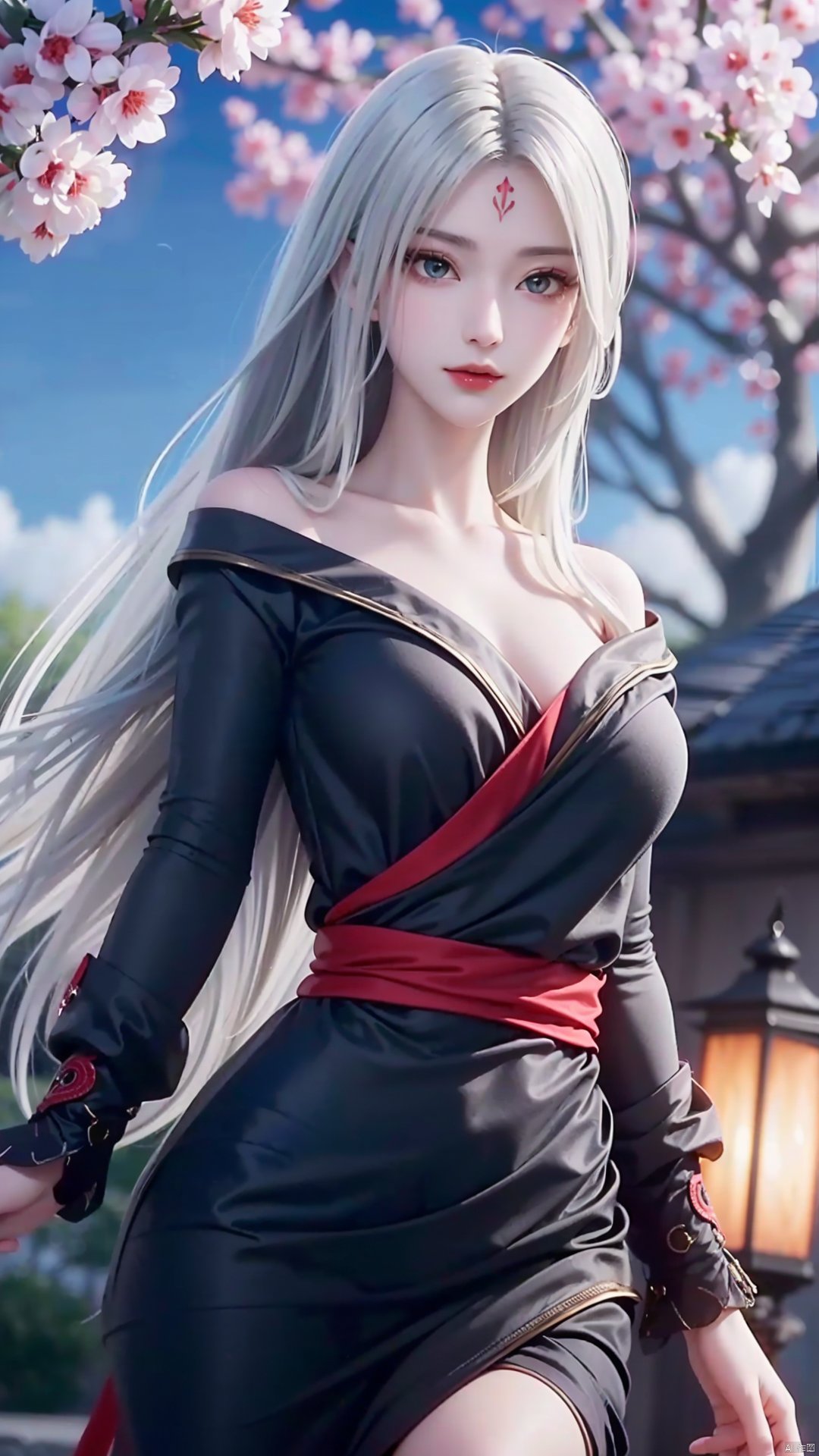 1girl, long hair, solo, facial mark, green eyes, looking at viewer, white hair, red lips, black dress, off shoulder, forehead mark, mischevious smile, perfect body, scenery, sharp focus, best quality, masterpiece, detailed outfit, illustration, perfect eyes, finely detailed beautiful anime eyes, realistic skin, intricate details, best lighting, depth of field, ultra high resolution,cowboy_shot, dynamic pose, dynamic angle,