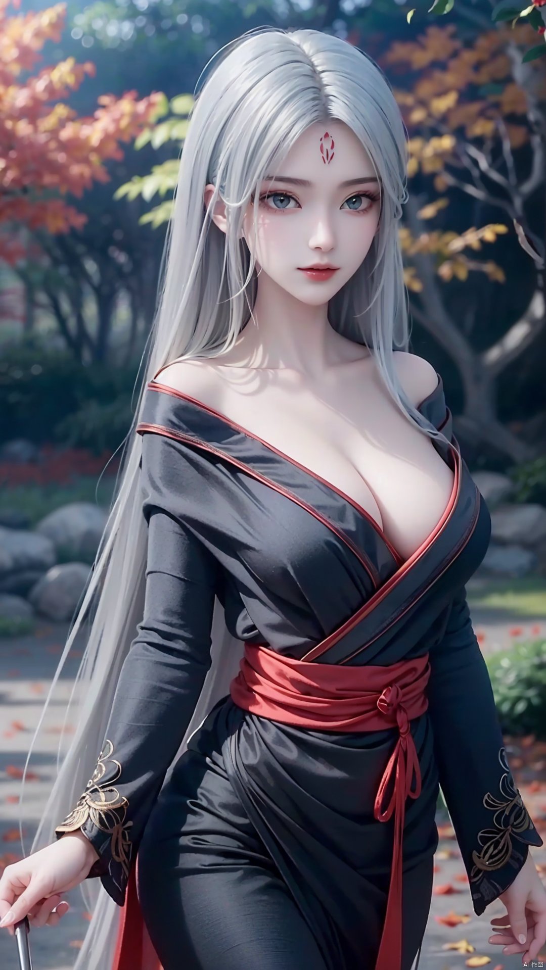 1girl, long hair, solo, facial mark, green eyes, looking at viewer, white hair, red lips, japanese clothes, kimono, off shoulder, forehead mark, mischevious smile, perfect body, scenery, sharp focus, best quality, masterpiece, detailed outfit, illustration, perfect eyes, finely detailed beautiful anime eyes, realistic skin, intricate details, best lighting, depth of field, ultra high resolution,cowboy_shot, dynamic pose, dynamic angle,