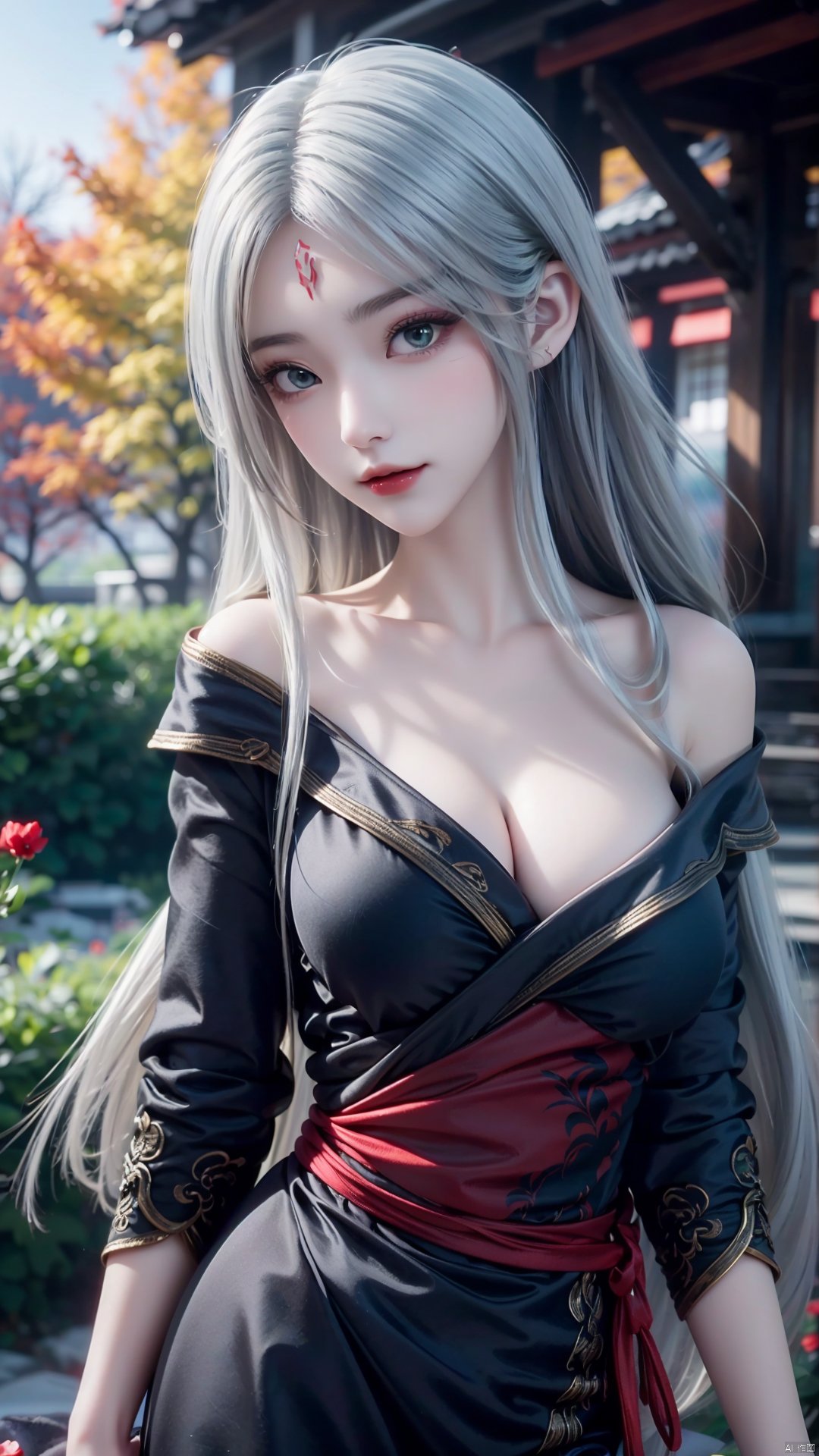 1girl, long hair, solo, facial mark, green eyes, looking at viewer, white hair, red lips, black dress, off shoulder, forehead mark, mischevious smile, perfect body, scenery, sharp focus, best quality, masterpiece, detailed outfit, illustration, perfect eyes, finely detailed beautiful anime eyes, realistic skin, intricate details, best lighting, depth of field, ultra high resolution,cowboy_shot, dynamic pose, dynamic angle,