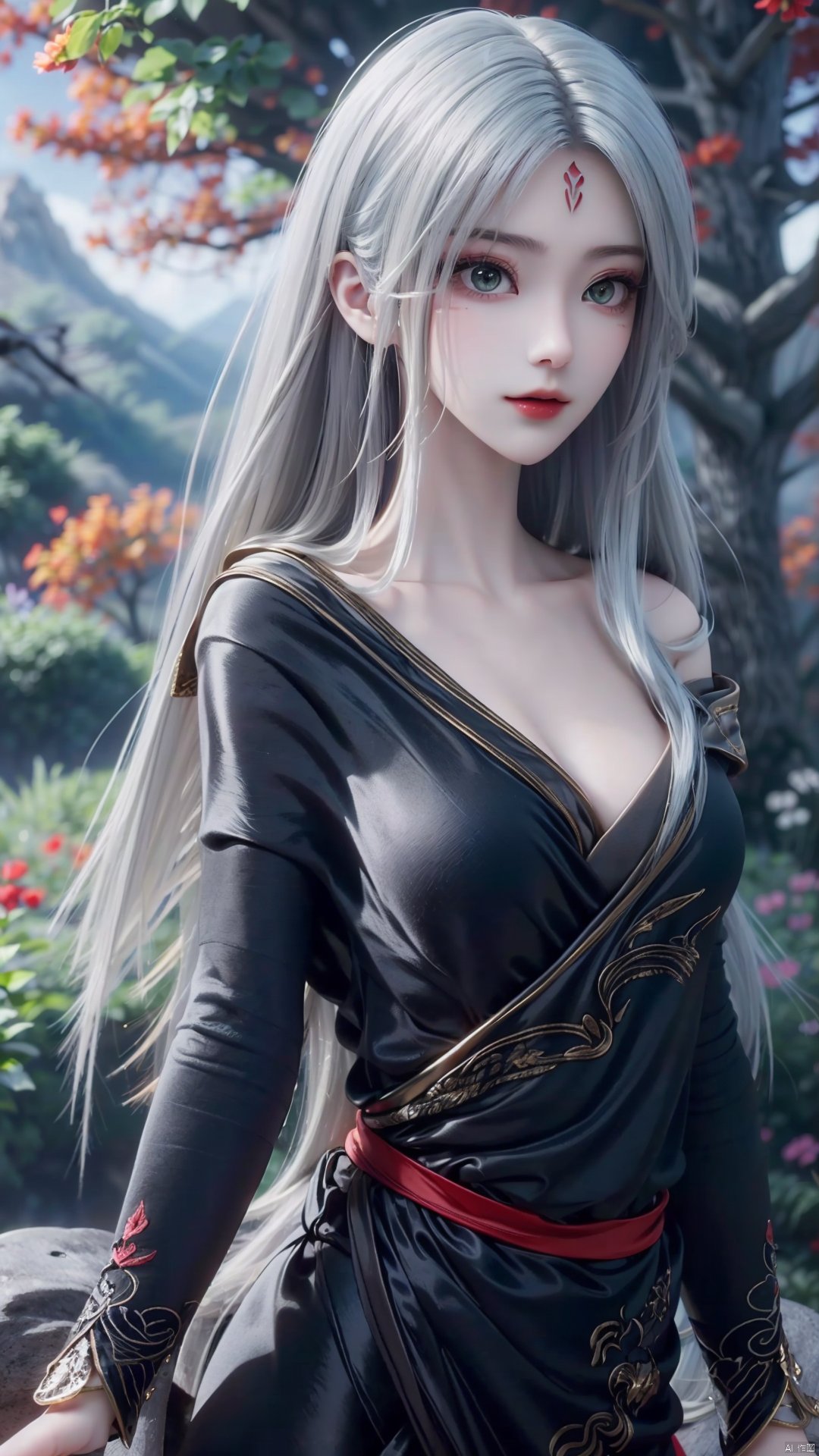 1girl, long hair, solo, facial mark, green eyes, looking at viewer, white hair, red lips, black dress, off shoulder, forehead mark, mischevious smile, perfect body, scenery, sharp focus, best quality, masterpiece, detailed outfit, illustration, perfect eyes, finely detailed beautiful anime eyes, realistic skin, intricate details, best lighting, depth of field, ultra high resolution,cowboy_shot, dynamic pose, dynamic angle,