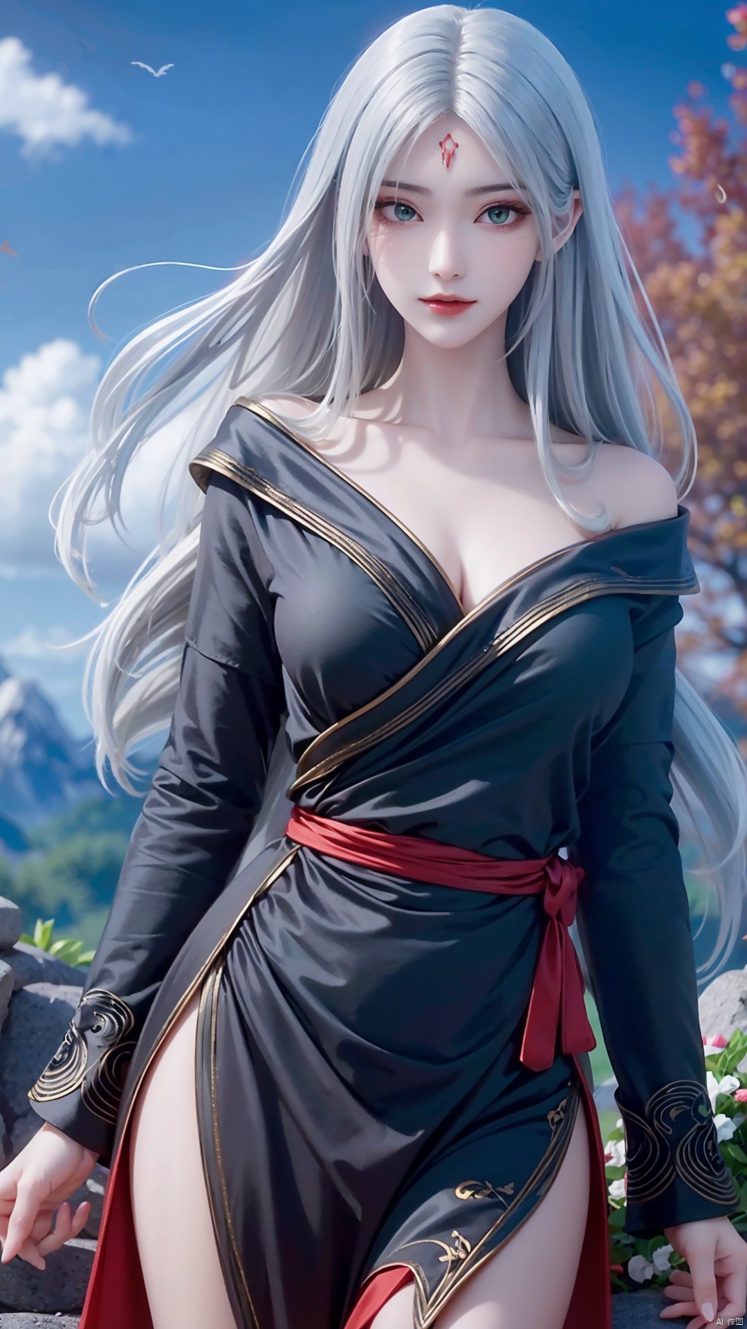 1girl, long hair, solo, facial mark, green eyes, looking at viewer, white hair, red lips, black dress, off shoulder, forehead mark, mischevious smile, perfect body, scenery, sharp focus, best quality, masterpiece, detailed outfit, illustration, perfect eyes, finely detailed beautiful anime eyes, realistic skin, intricate details, best lighting, depth of field, ultra high resolution,cowboy_shot, dynamic pose, dynamic angle,