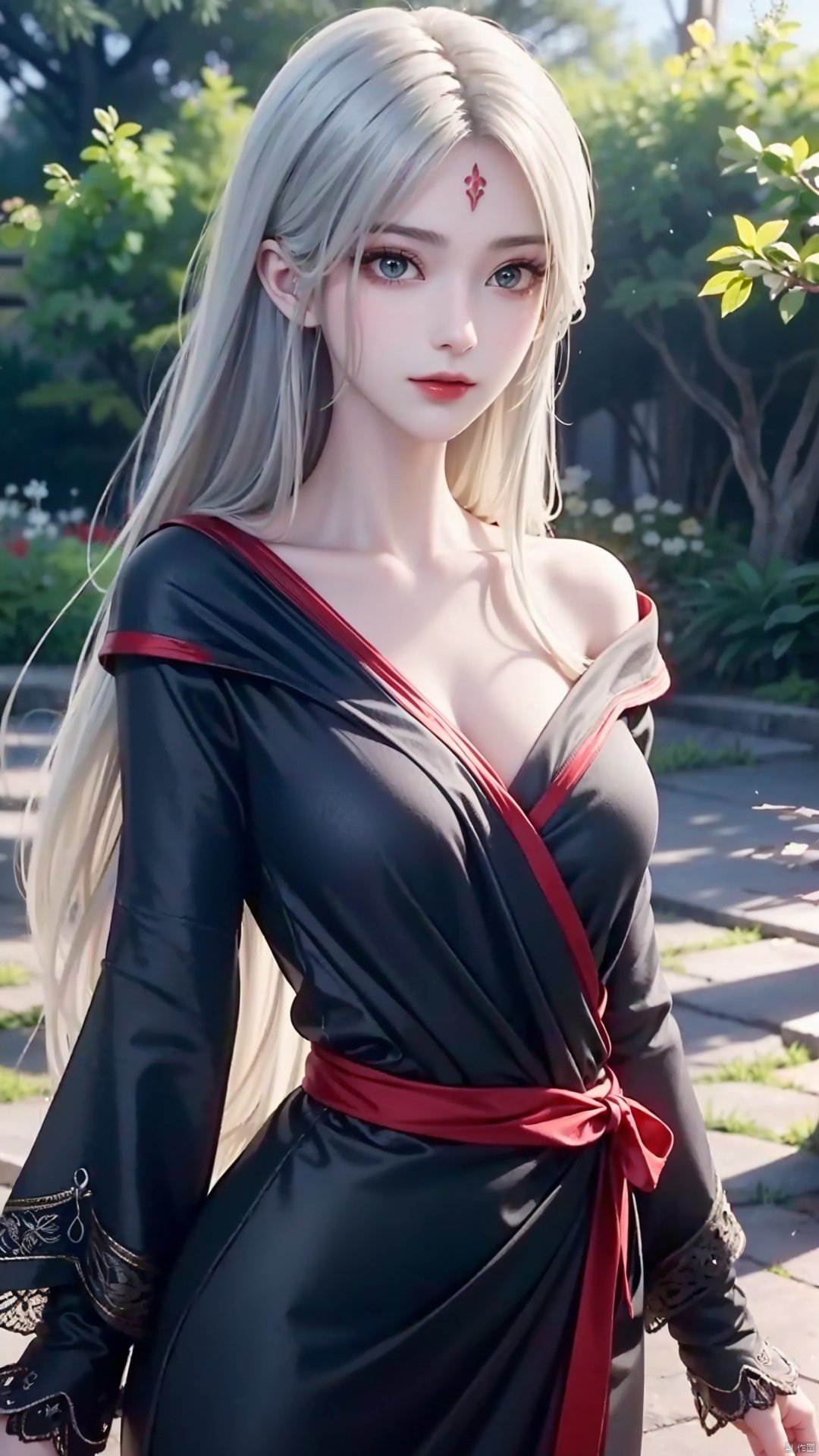 1girl, long hair, solo, facial mark, green eyes, looking at viewer, white hair, red lips, black dress, off shoulder, forehead mark, mischevious smile, perfect body, scenery, sharp focus, best quality, masterpiece, detailed outfit, illustration, perfect eyes, finely detailed beautiful anime eyes, realistic skin, intricate details, best lighting, depth of field, ultra high resolution,cowboy_shot, dynamic pose, dynamic angle,