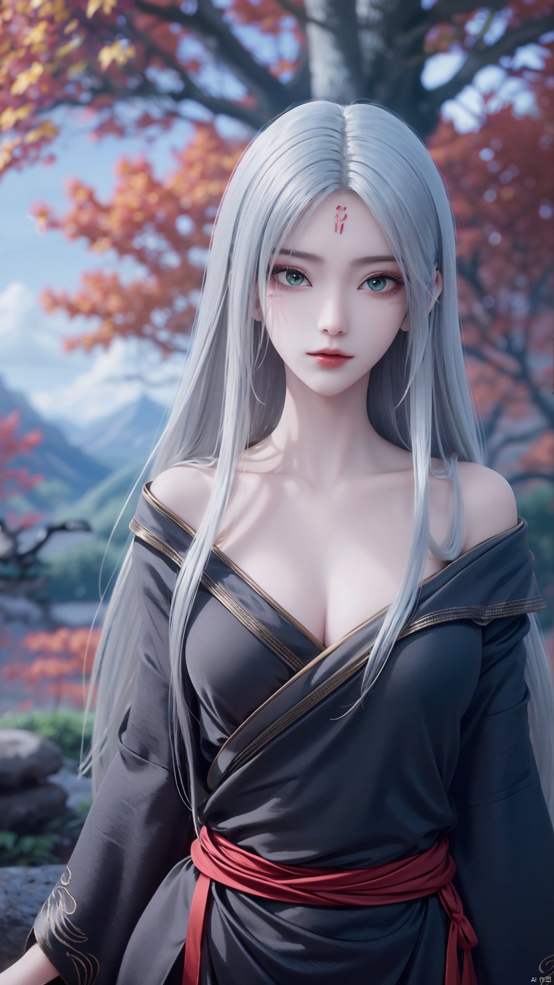 1girl, long hair, solo, facial mark, green eyes, looking at viewer, white hair, red lips, japanese clothes, kimono, off shoulder, forehead mark, mischevious smile, perfect body, scenery, sharp focus, best quality, masterpiece, detailed outfit, illustration, perfect eyes, finely detailed beautiful anime eyes, realistic skin, intricate details, best lighting, depth of field, ultra high resolution,cowboy_shot, dynamic pose, dynamic angle,