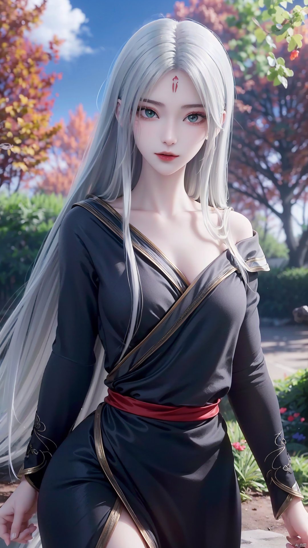 1girl, long hair, solo, facial mark, green eyes, looking at viewer, white hair, red lips, black dress, off shoulder, forehead mark, mischevious smile, perfect body, scenery, sharp focus, best quality, masterpiece, detailed outfit, illustration, perfect eyes, finely detailed beautiful anime eyes, realistic skin, intricate details, best lighting, depth of field, ultra high resolution,cowboy_shot, dynamic pose, dynamic angle,