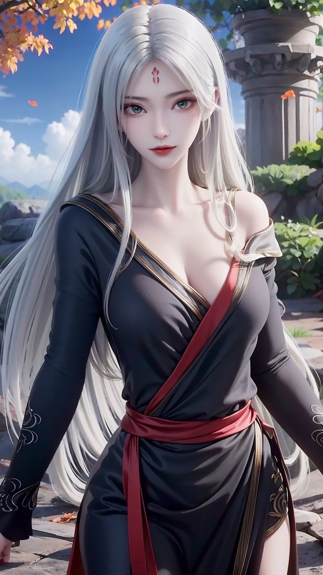 1girl, long hair, solo, facial mark, green eyes, looking at viewer, white hair, red lips, black dress, off shoulder, forehead mark, mischevious smile, perfect body, scenery, sharp focus, best quality, masterpiece, detailed outfit, illustration, perfect eyes, finely detailed beautiful anime eyes, realistic skin, intricate details, best lighting, depth of field, ultra high resolution,cowboy_shot, dynamic pose, dynamic angle,