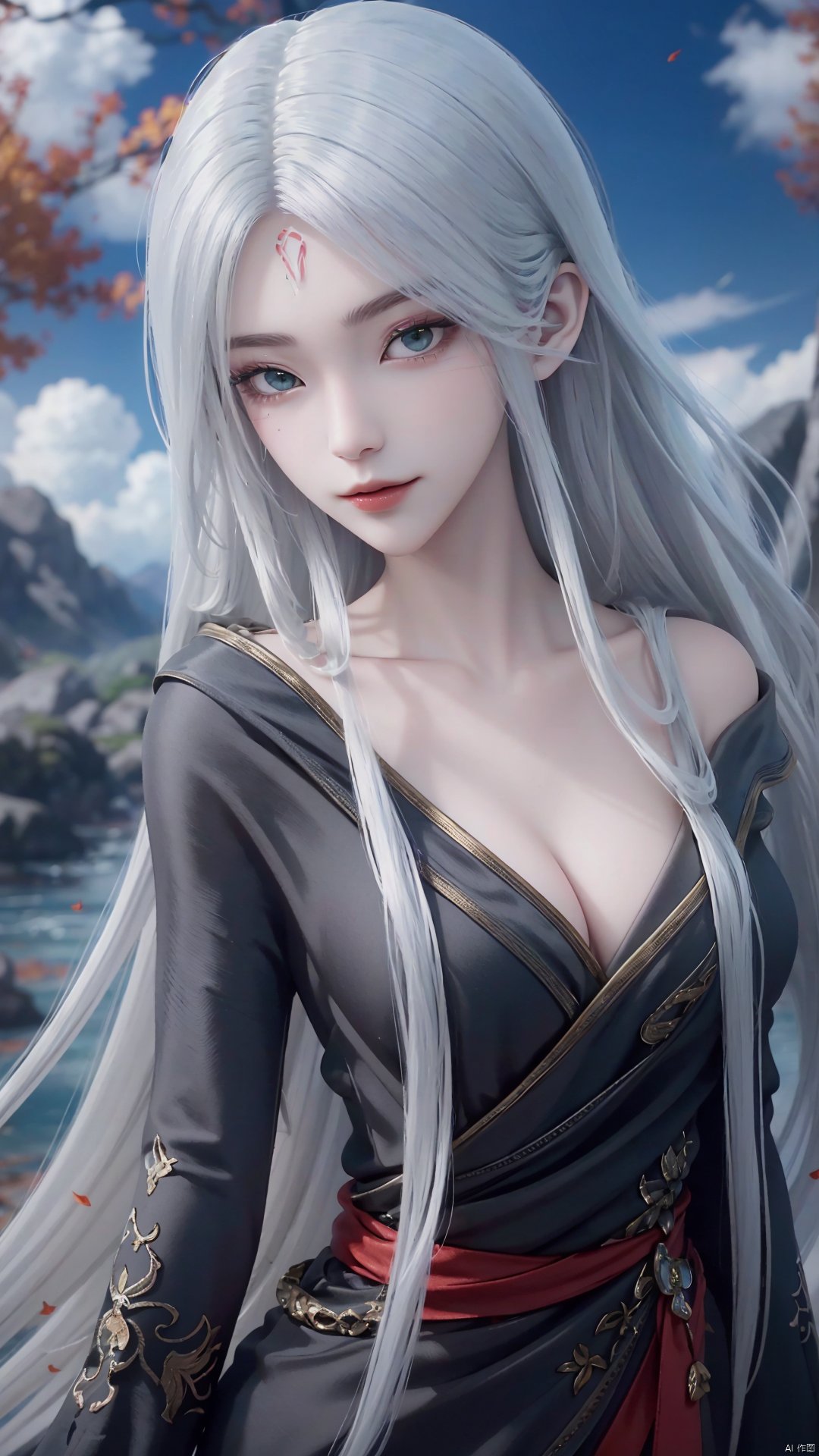 1girl, long hair, solo, facial mark, green eyes, looking at viewer, white hair, red lips, forehead mark, mischevious smile, perfect body, scenery, sharp focus, best quality, masterpiece, detailed outfit, illustration, perfect eyes, finely detailed beautiful anime eyes, realistic skin, intricate details, best lighting, depth of field, ultra high resolution,cowboy_shot, dynamic pose, dynamic angle,