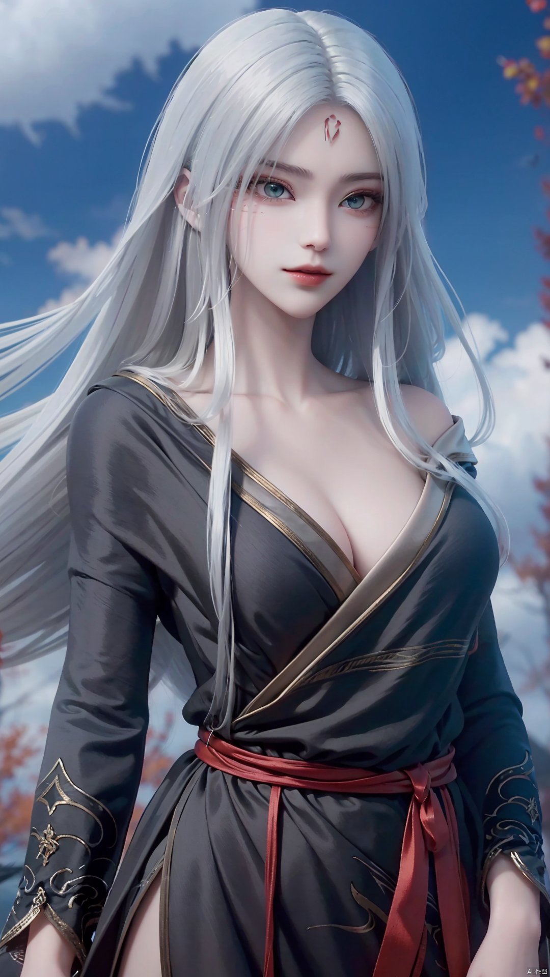 1girl, long hair, solo, facial mark, green eyes, looking at viewer, white hair, red lips, forehead mark, mischevious smile, perfect body, scenery, sharp focus, best quality, masterpiece, detailed outfit, illustration, perfect eyes, finely detailed beautiful anime eyes, realistic skin, intricate details, best lighting, depth of field, ultra high resolution,cowboy_shot, dynamic pose, dynamic angle,